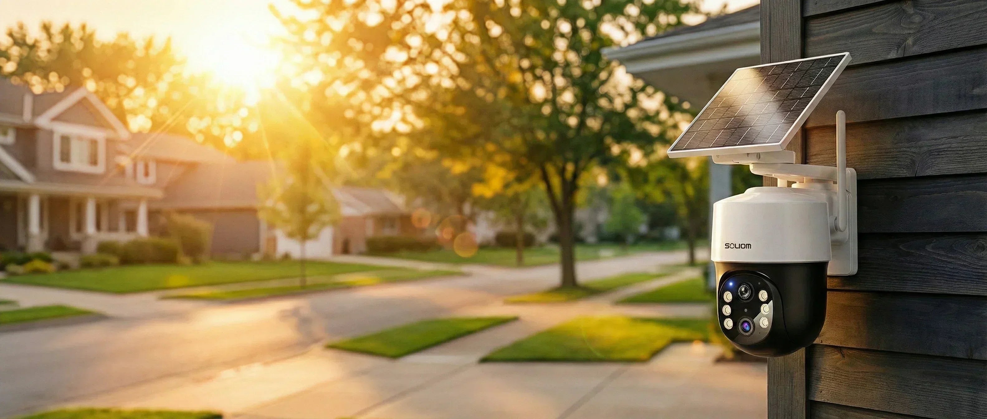 solar-powered security camera on modern house wall at warm sunset light