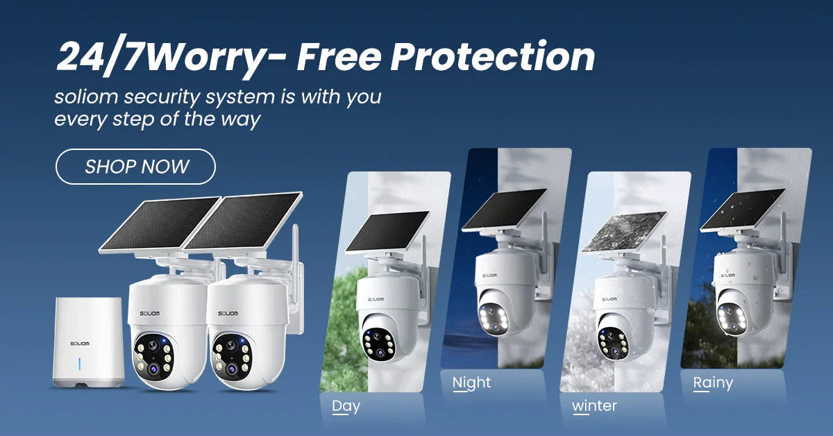 SOLIOM solar powered security cameras shown in day, night, winter, and rainy weather conditions.