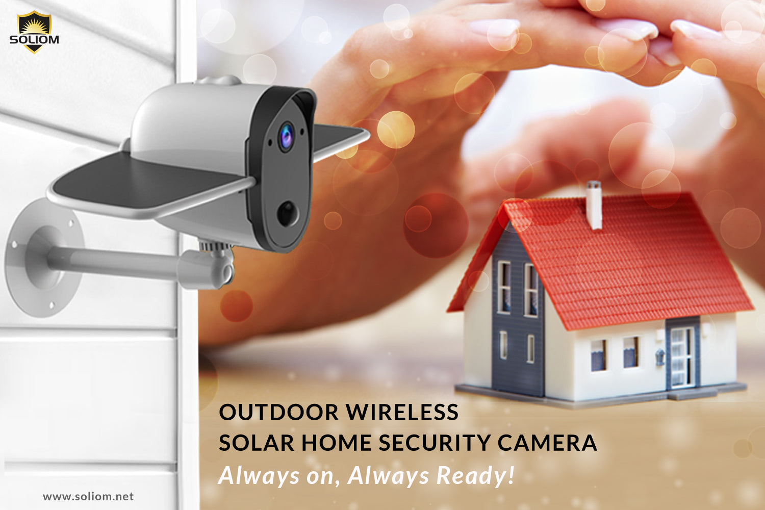 Outdoor wireless solar home security camera mounted on a wall protecting a miniature house model