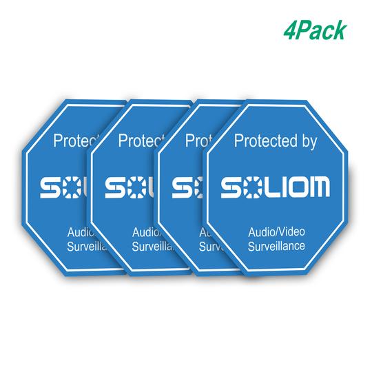 4-pack blue octagonal security signs reading Protected by Soliom Audio/Video Surveillance