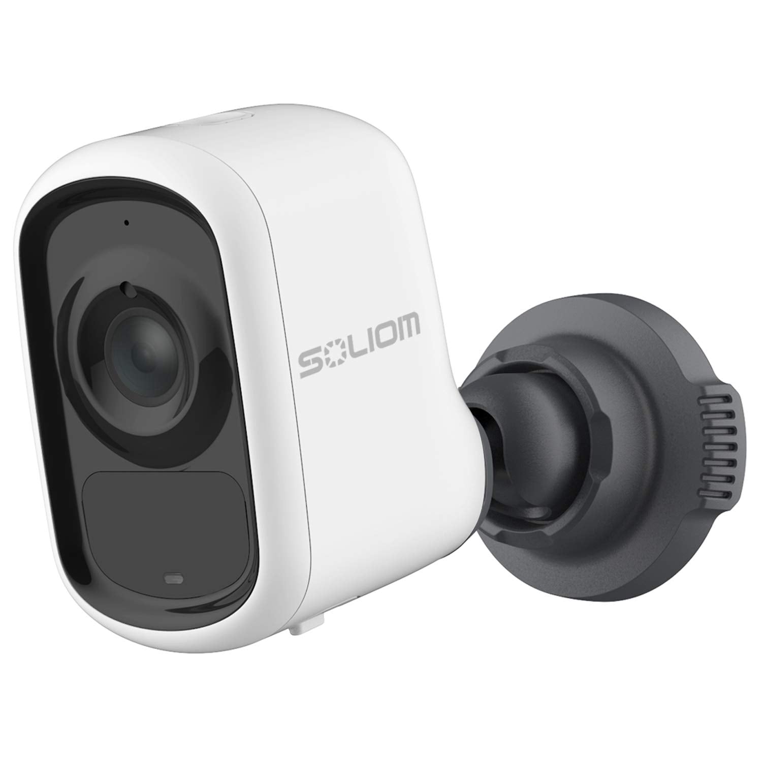 White Soliom outdoor security camera with black lens and adjustable mount on white background