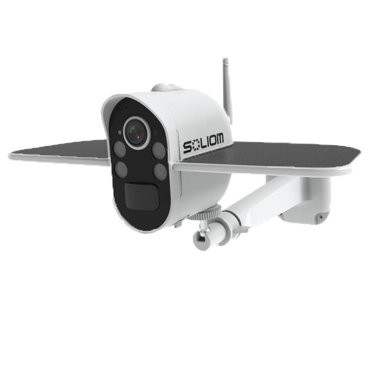 White SXOLIOM solar security camera with dual solar panels and wireless antenna on white background