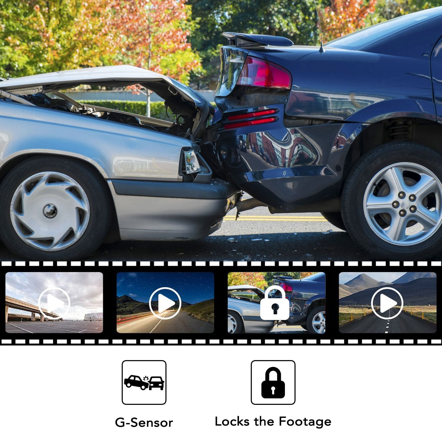 Rear-end car accident showing silver car with open hood crashed into blue car's rear bumper on street