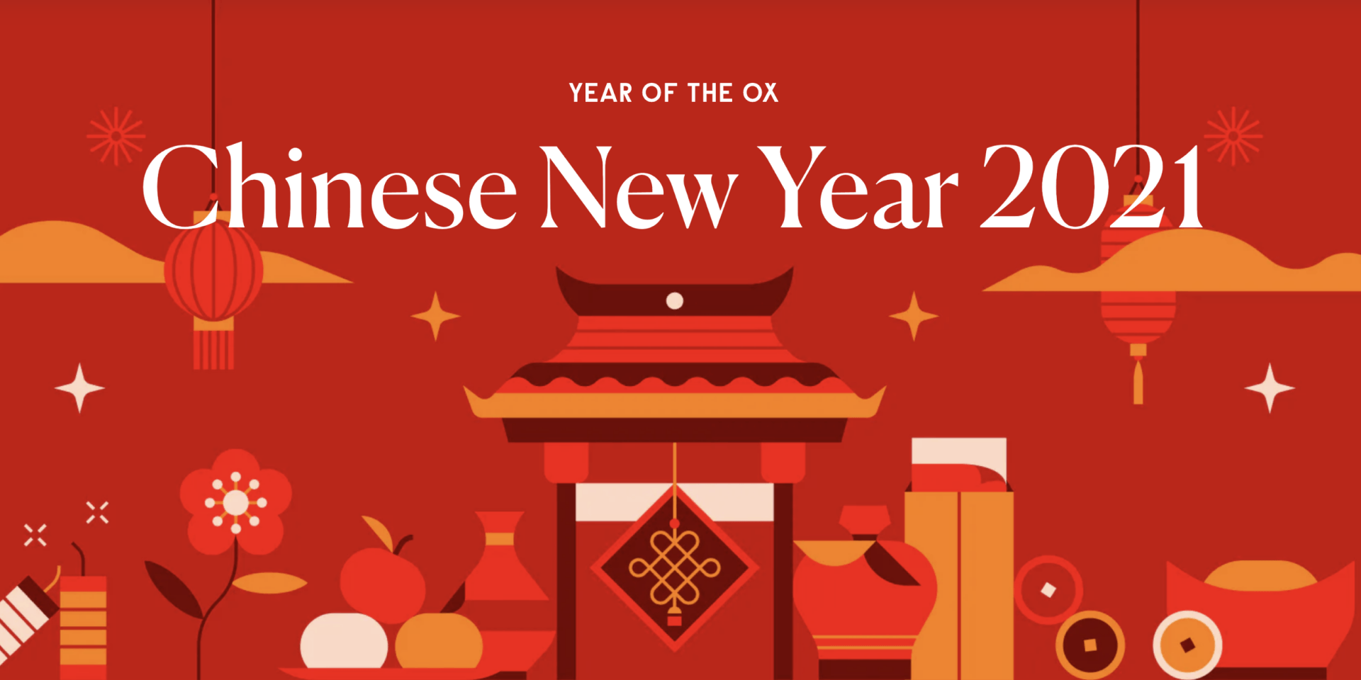 Chinese New Year 2021 Year of the Ox celebration with lanterns, temple, and festive decorations