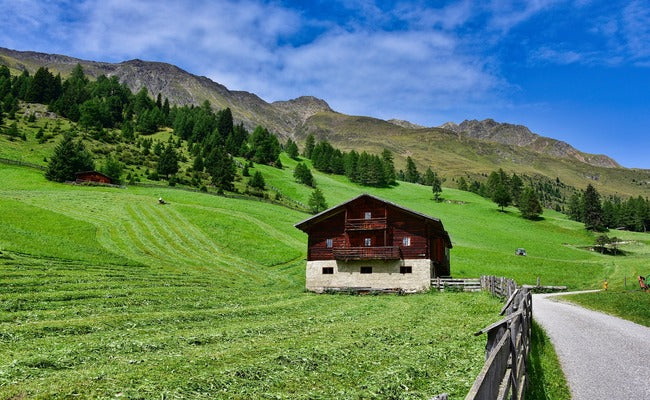Rustic farmhouse on green hillside with mountain backdrop and winding gravel path under blue sky