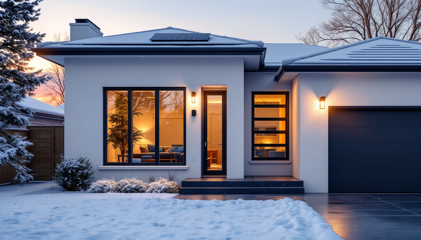 solar-powered security camera mounted on modern exterior wall at sunset