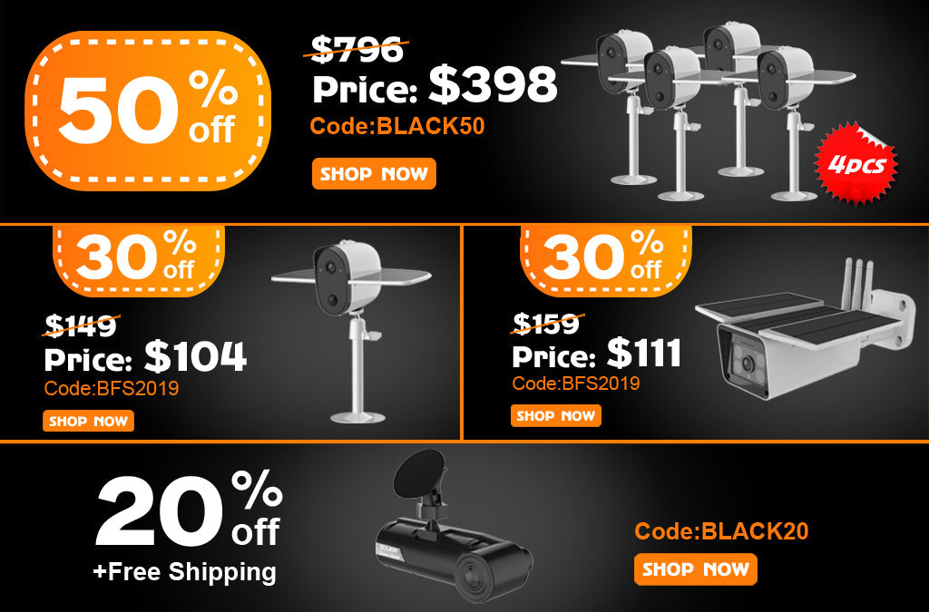 Black Friday sale on Soliom security cameras with 50%, 30%, and 20% discounts and promo codes