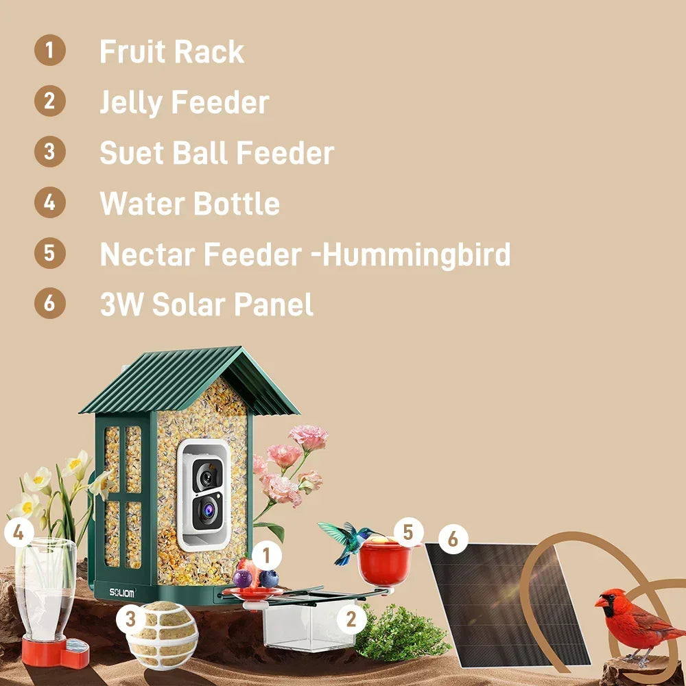 SOLIOM® BF08s AI Smart Bird Feeder Camera with 2K Live Video, DIY Feeder Add-ons, 1.6L - Soliom
