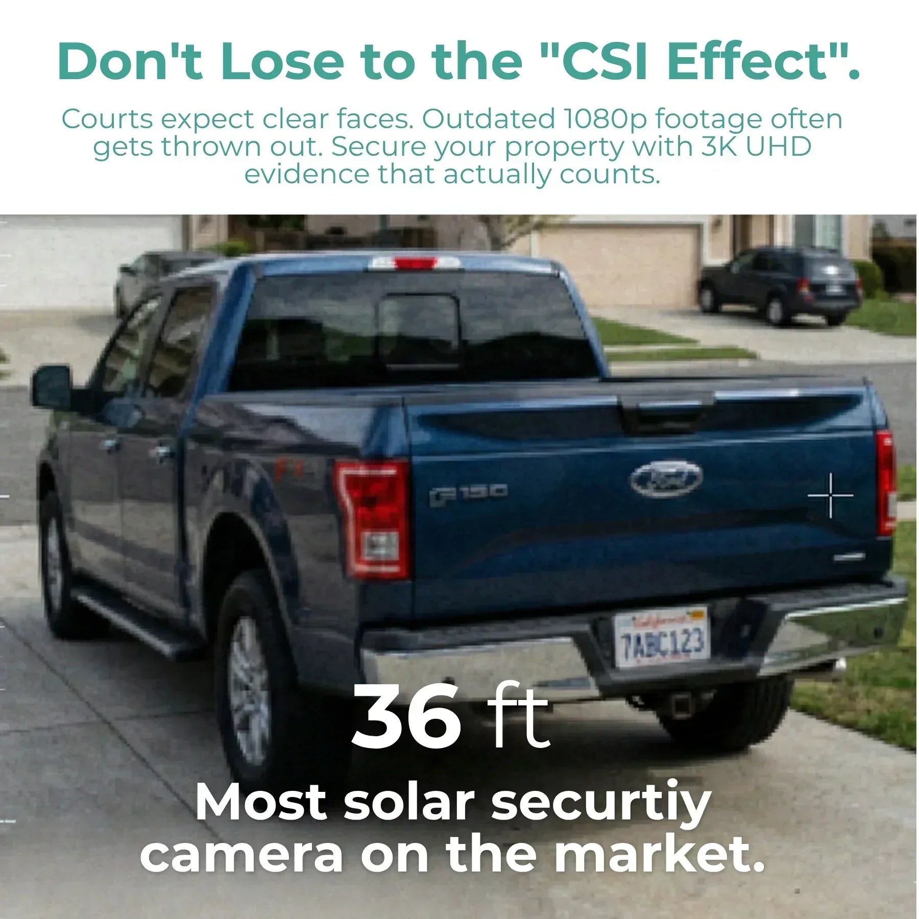 Blurry image of blue pickup truck in driveway with text highlighting 1080p solar security camera range at 36 feet.