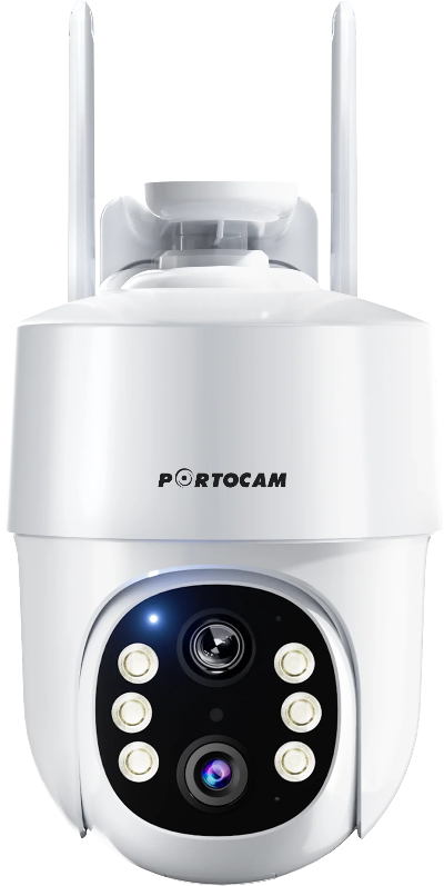 White security camera with antennas and LED lights on a white background