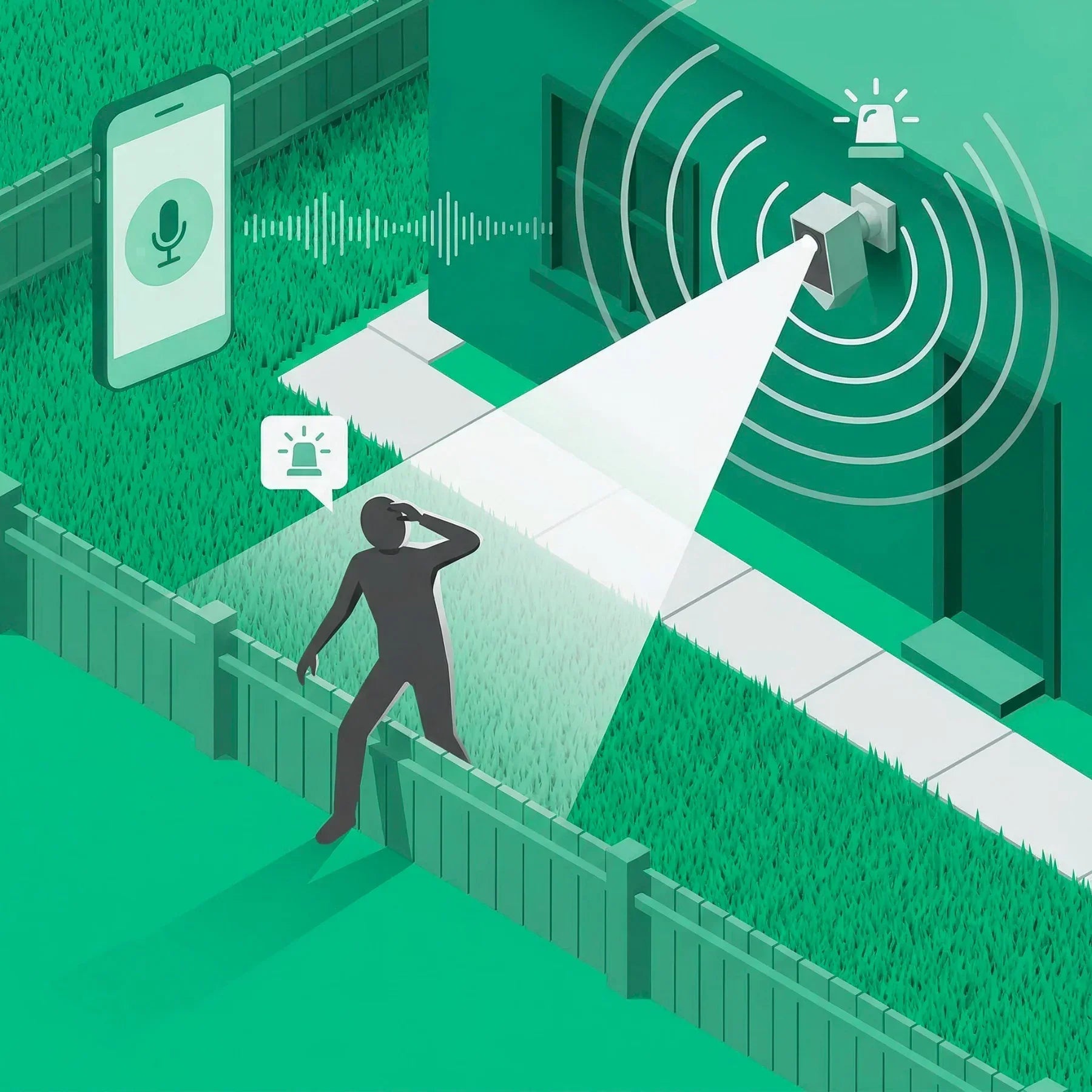 Outdoor security camera detects motion and activates alarm while sending alert to smartphone