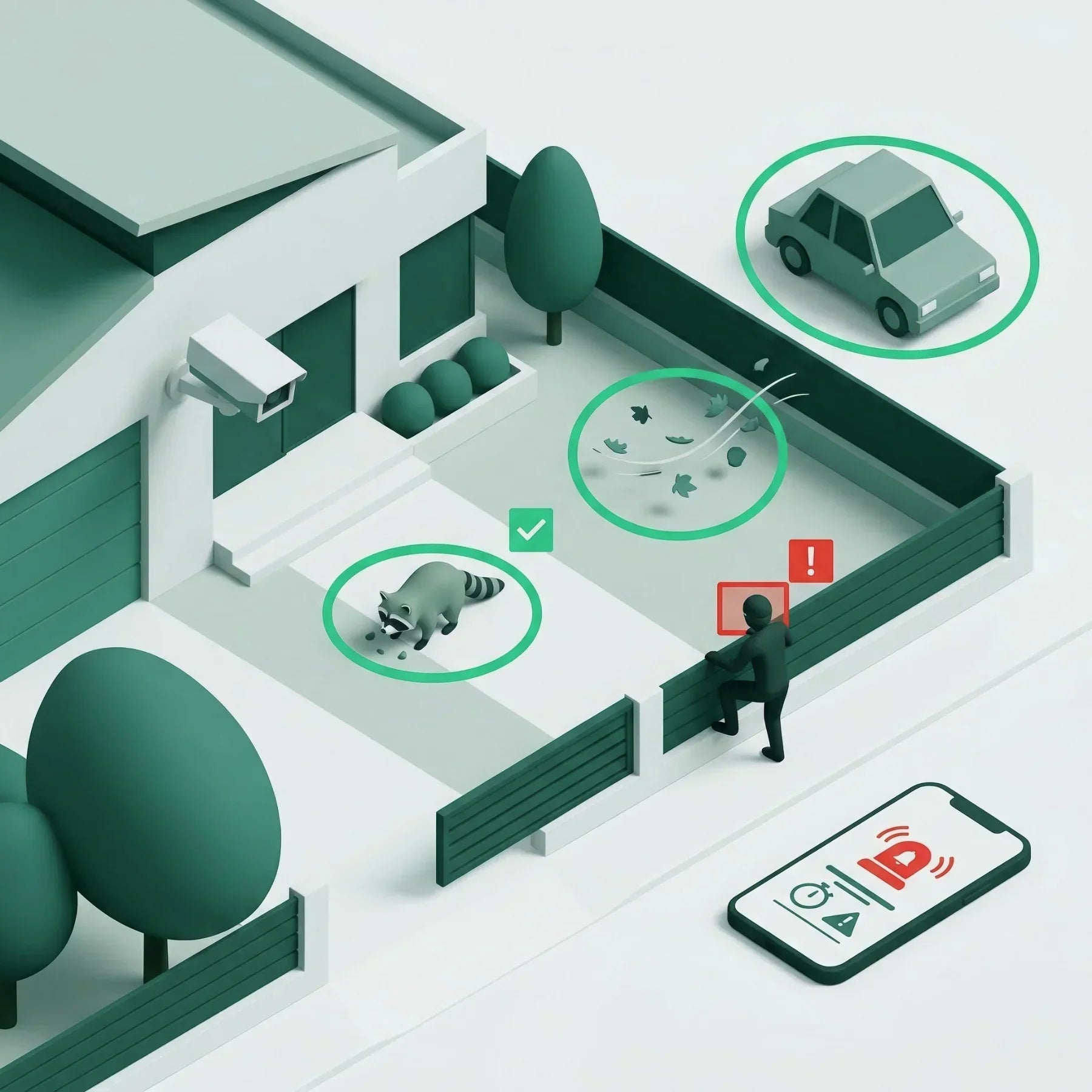 Smart outdoor security camera identifying suspicious person, car, animal, and motion for alerts