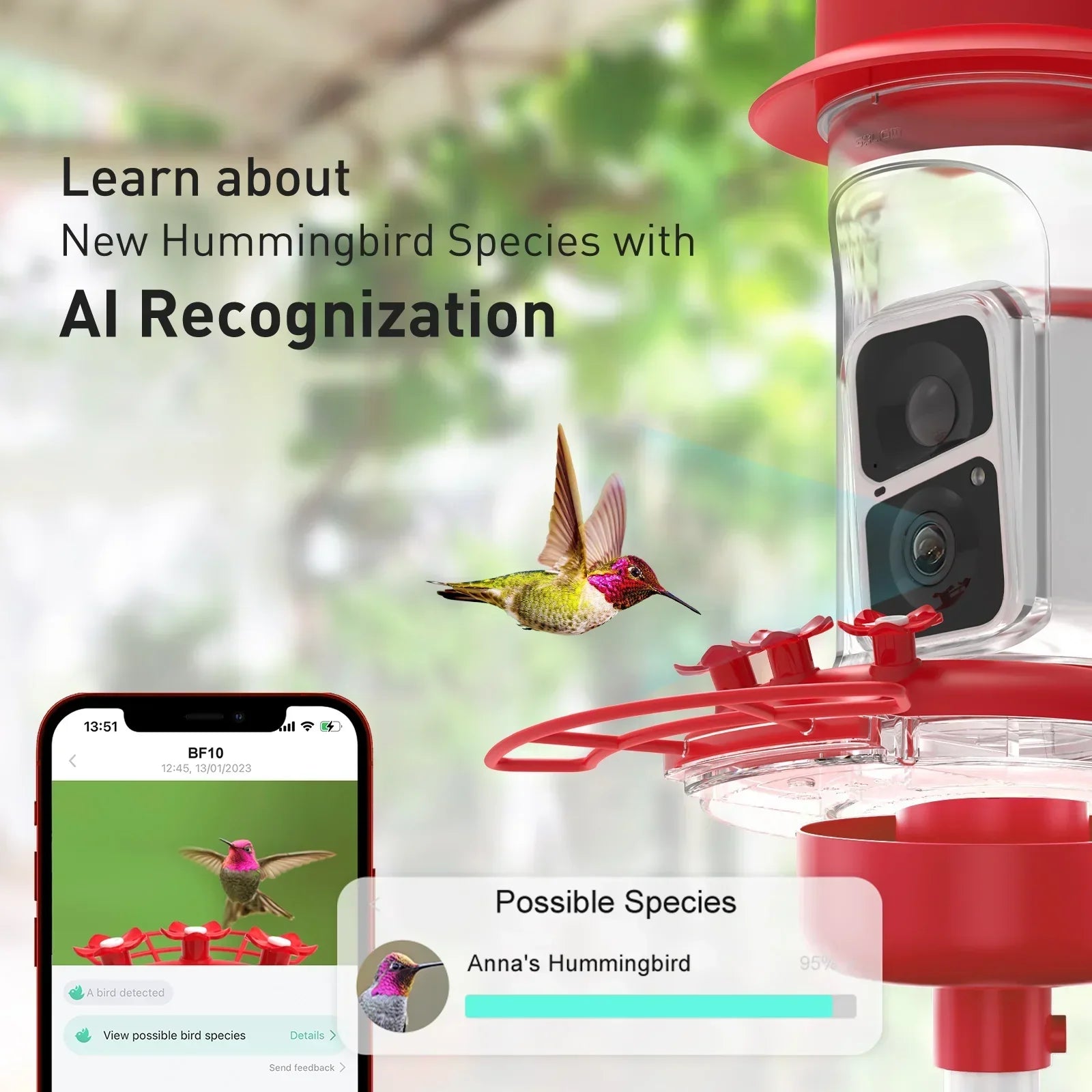 Soliom BF10 Smart Hummingbird Feeder with Ant Moat,AI Identify Bird Species(16 Ounces) - Soliom