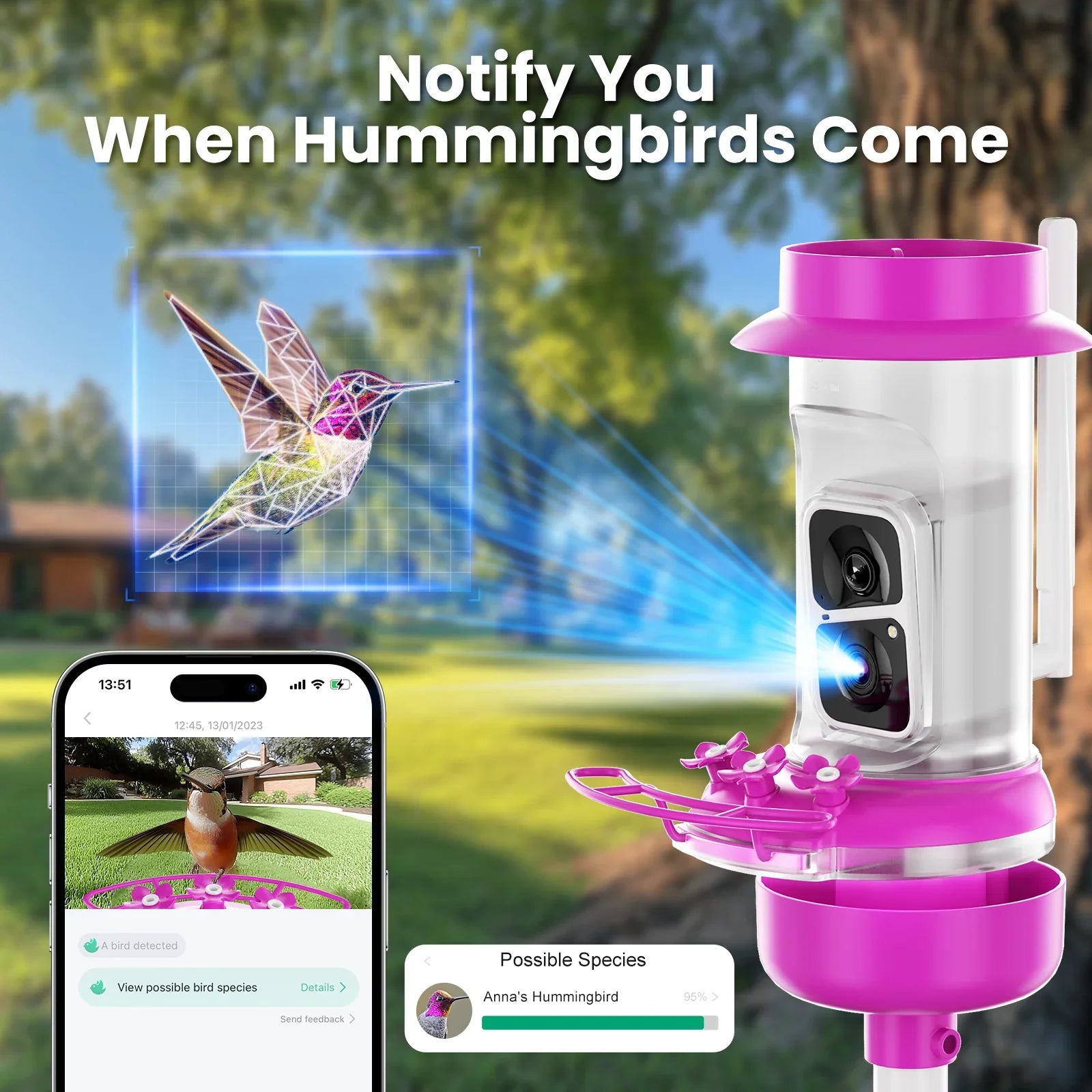 Soliom Humbirdy BF10P - Smart Hummingbird Feeder-16OZ, Perfect Gift for Family,Pole Fitting - Soliom