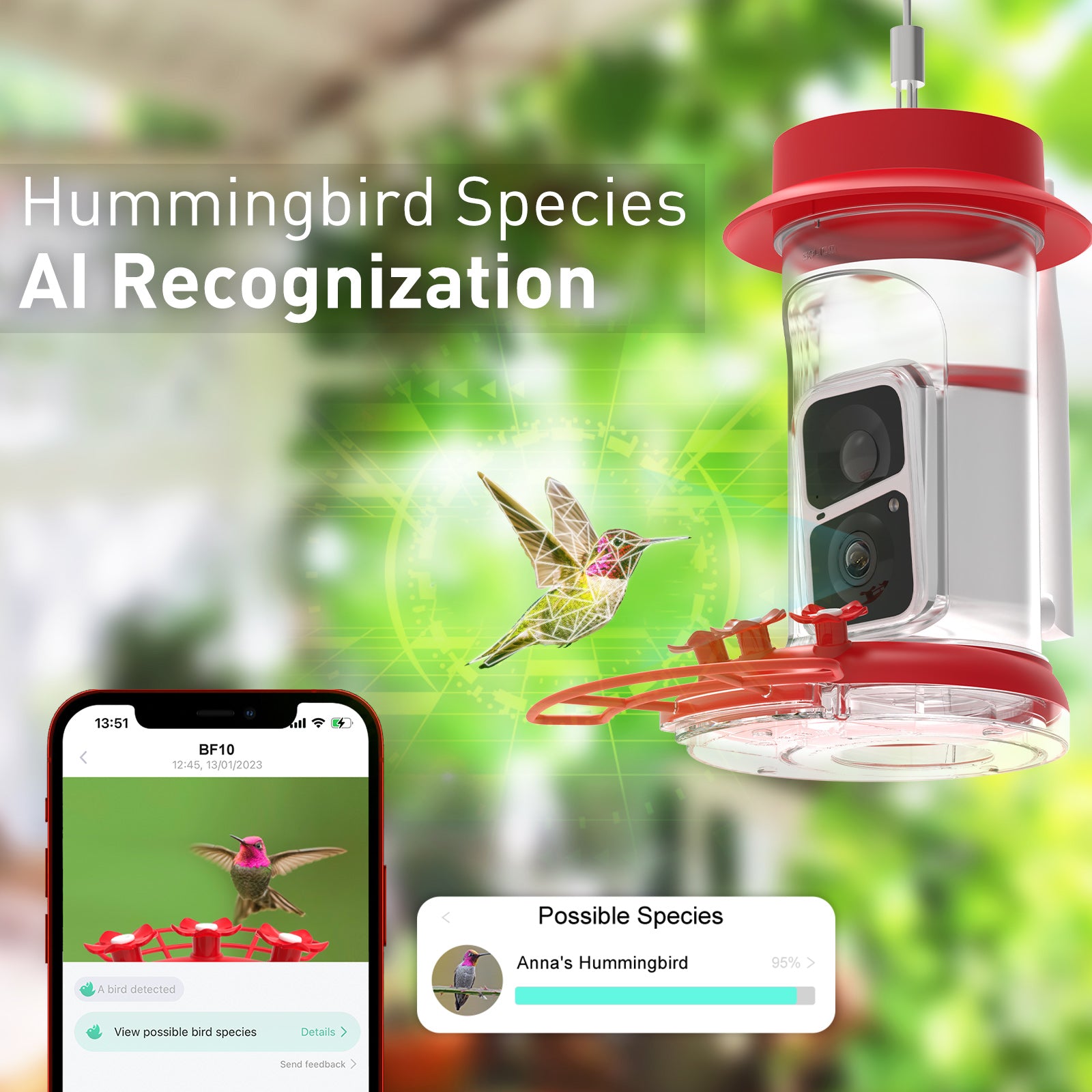 SOLIOM® BF10 Smart Hummingbird Feeder AI Camera, HD Wireless Bird watching Live Cam, 16 oz Nectar for hummingbird, Clean Easy, Leak Proof, Red