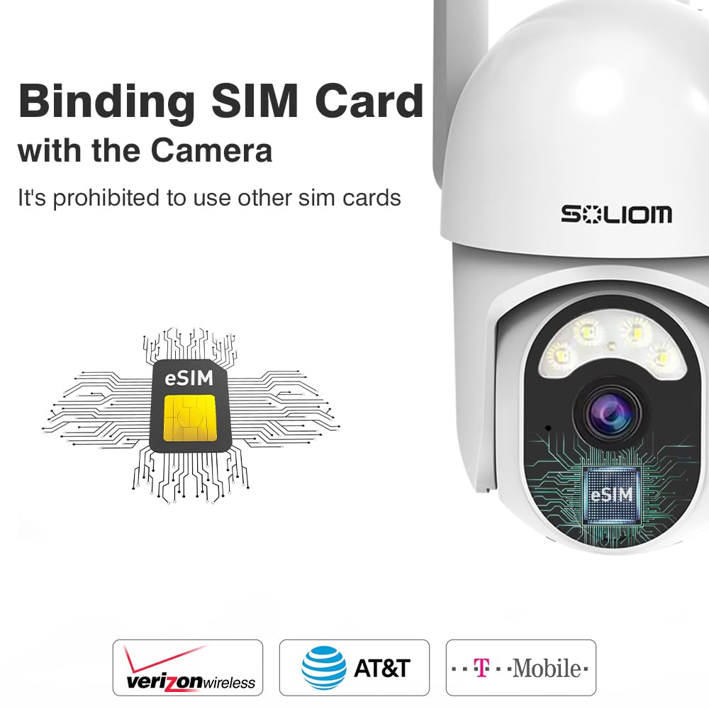 SOLIOM S40R 4G PT LTE Cellular-Security-Camera with Binding SIM Card, with 2K Resolution Video, Spotlight Night Vision, Motion Detection