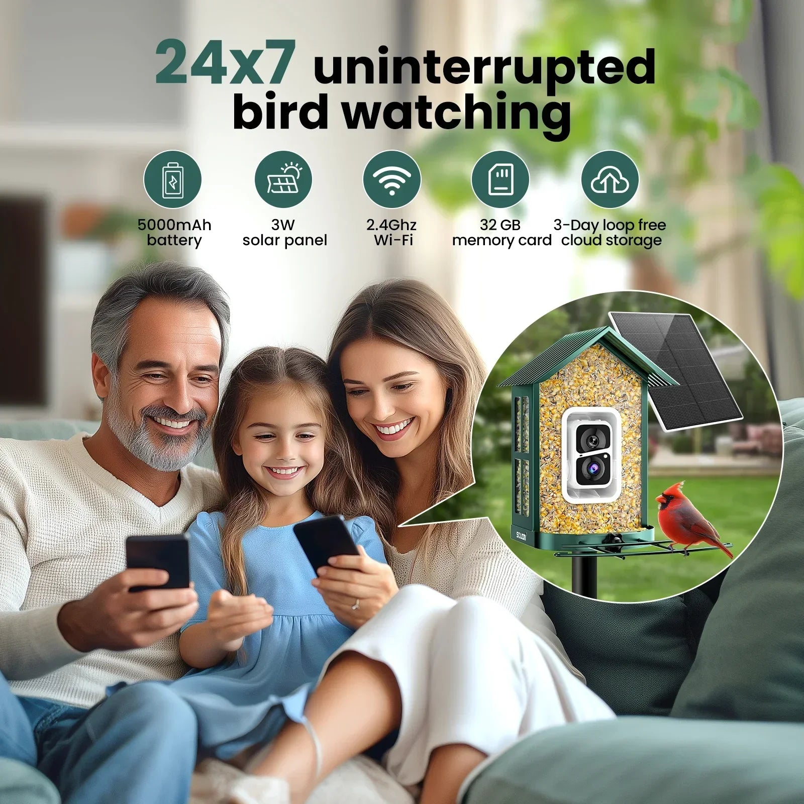 SOLIOM® BF08s AI Smart Bird Feeder Camera with 2K Live Video, DIY Feeder Add-ons, 1.6L - Soliom