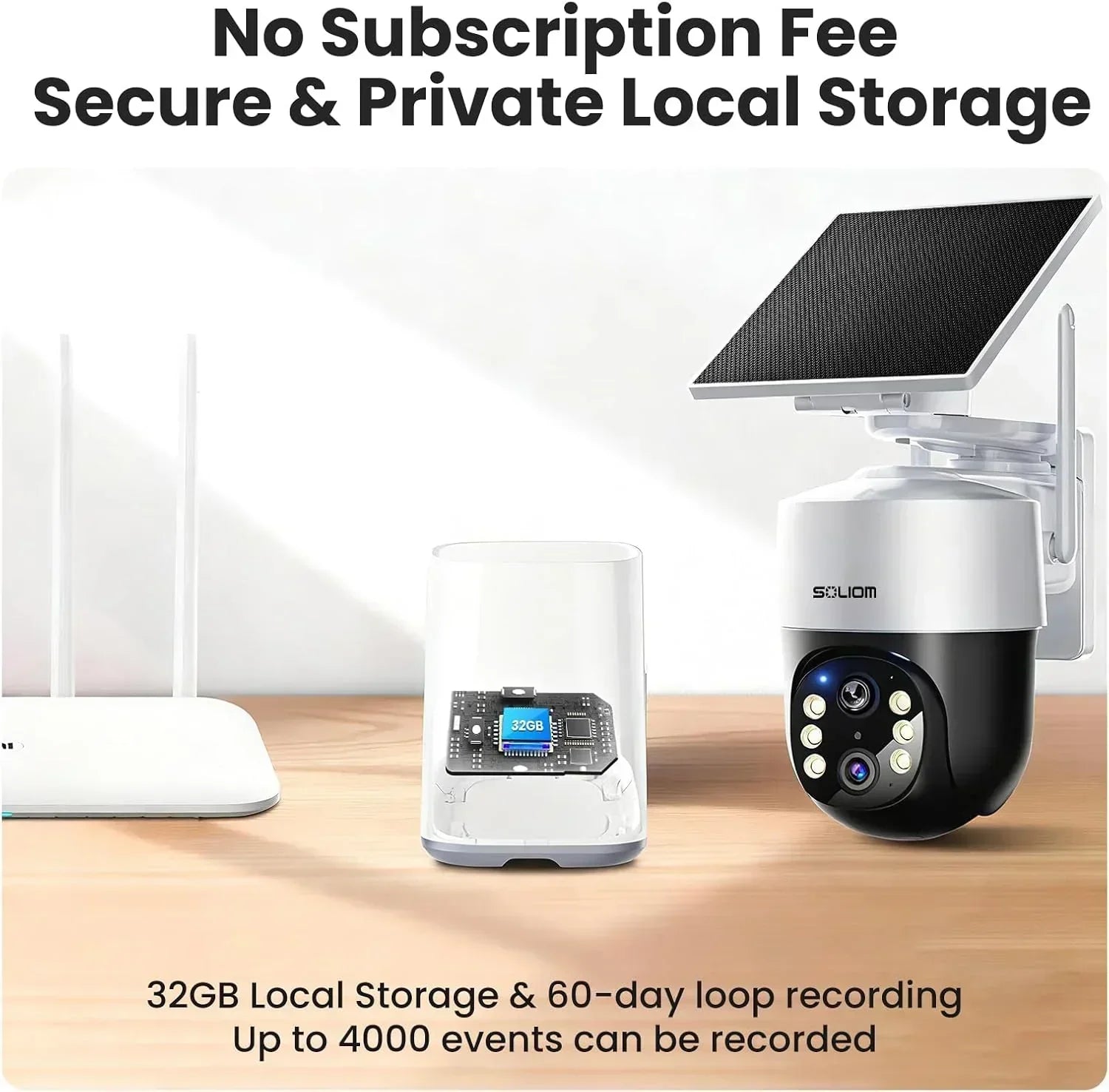 Solar-powered outdoor security camera with local storage and router on a tabletop.