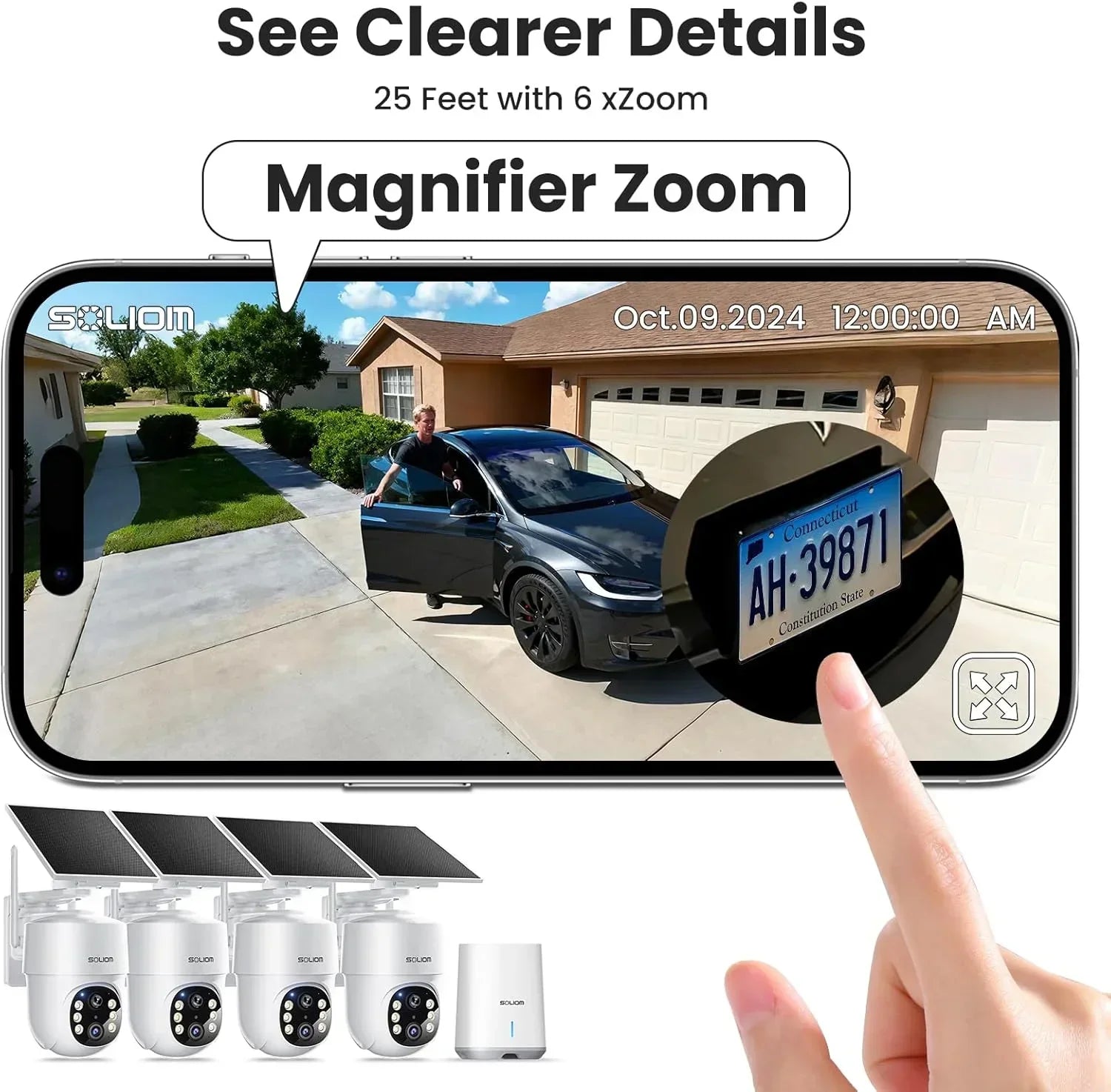 Zoomed security camera view showing license plate details on smartphone with solar cameras below