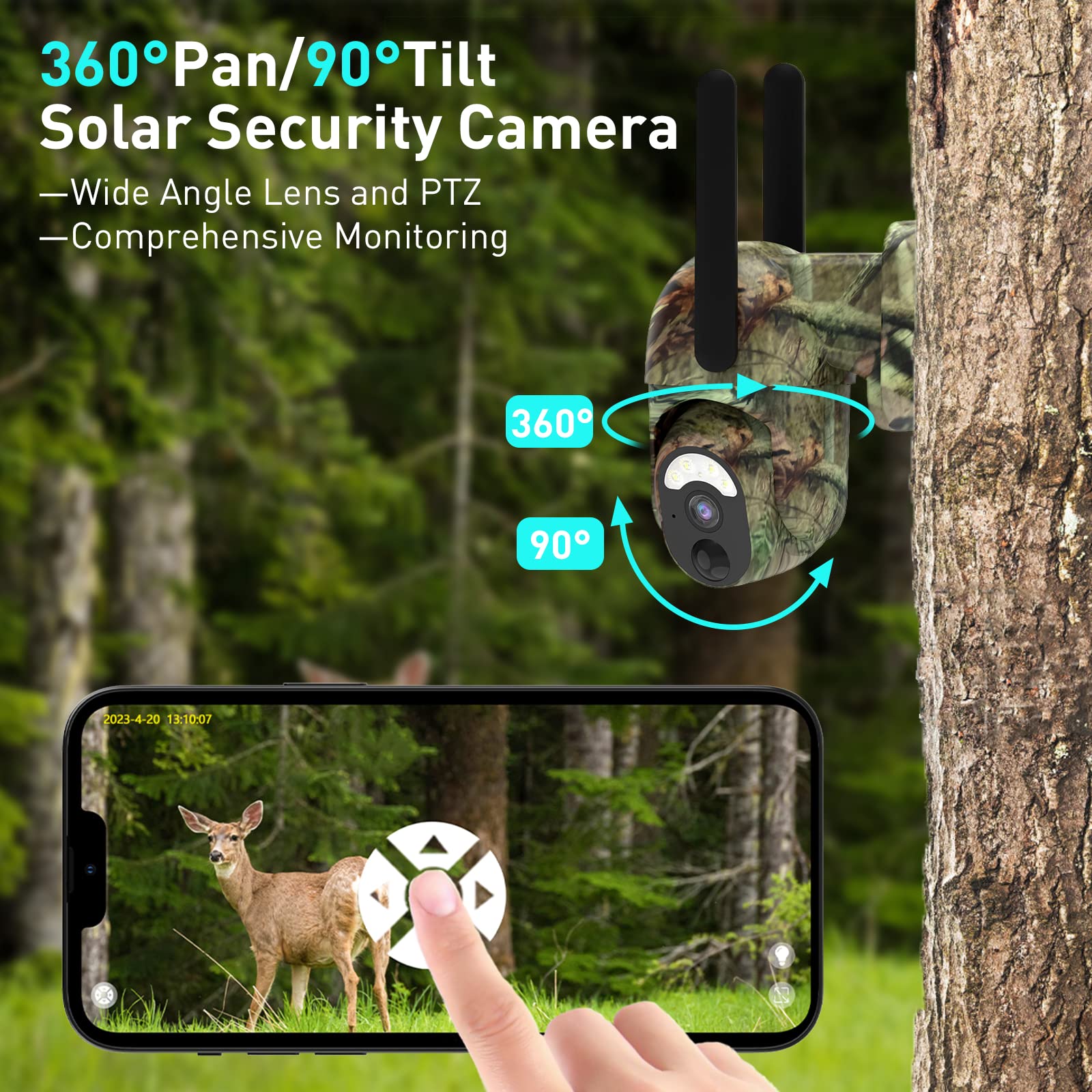 SOLIOM S50 4G Cellular Trail Camera,No WiFi Wireless Outdoor Security Camera with Solar Panel,Pan Tilt 355°View,2K HD Solution,Night Vision,32GB Memory Card,3N Sim Card for Verizon, AT&T and T-Mobile - Soliom
