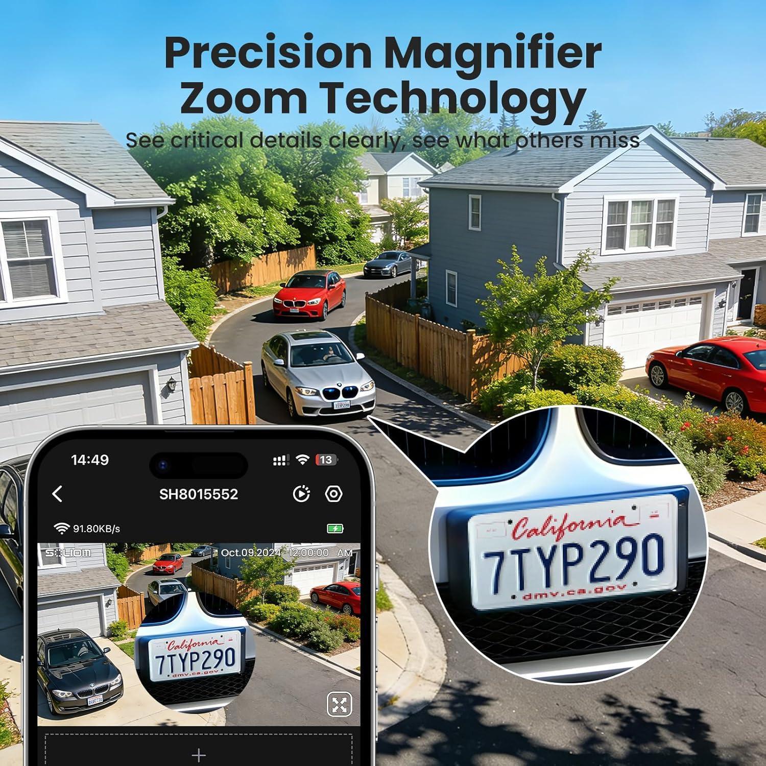 Smartphone screen shows security camera zooming in on a car license plate in a suburban driveway.