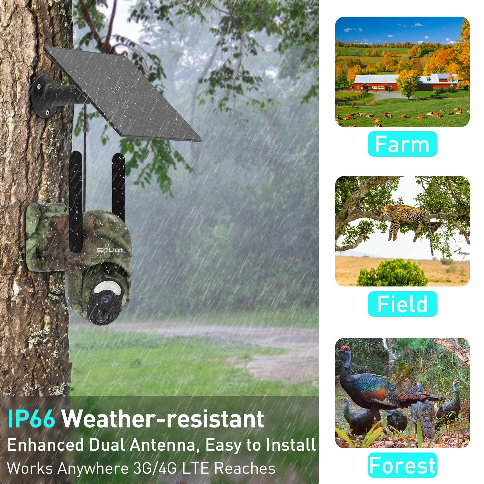 SOLIOM S50 4G Cellular Trail Camera,No WiFi Wireless Outdoor Security Camera with Solar Panel,Pan Tilt 355°View,2K HD Solution,Night Vision,32GB Memory Card,3N Sim Card for Verizon, AT&T and T-Mobile - Soliom