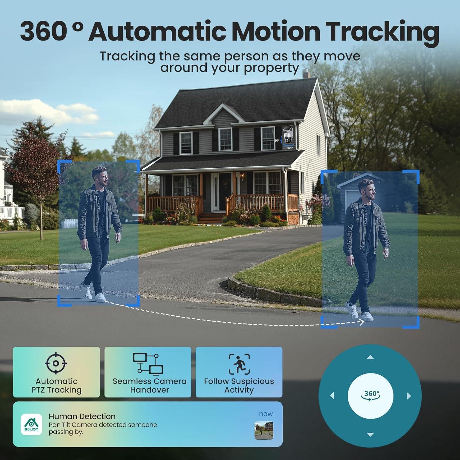 Outdoor security camera with 360-degree automatic motion tracking in front of a house