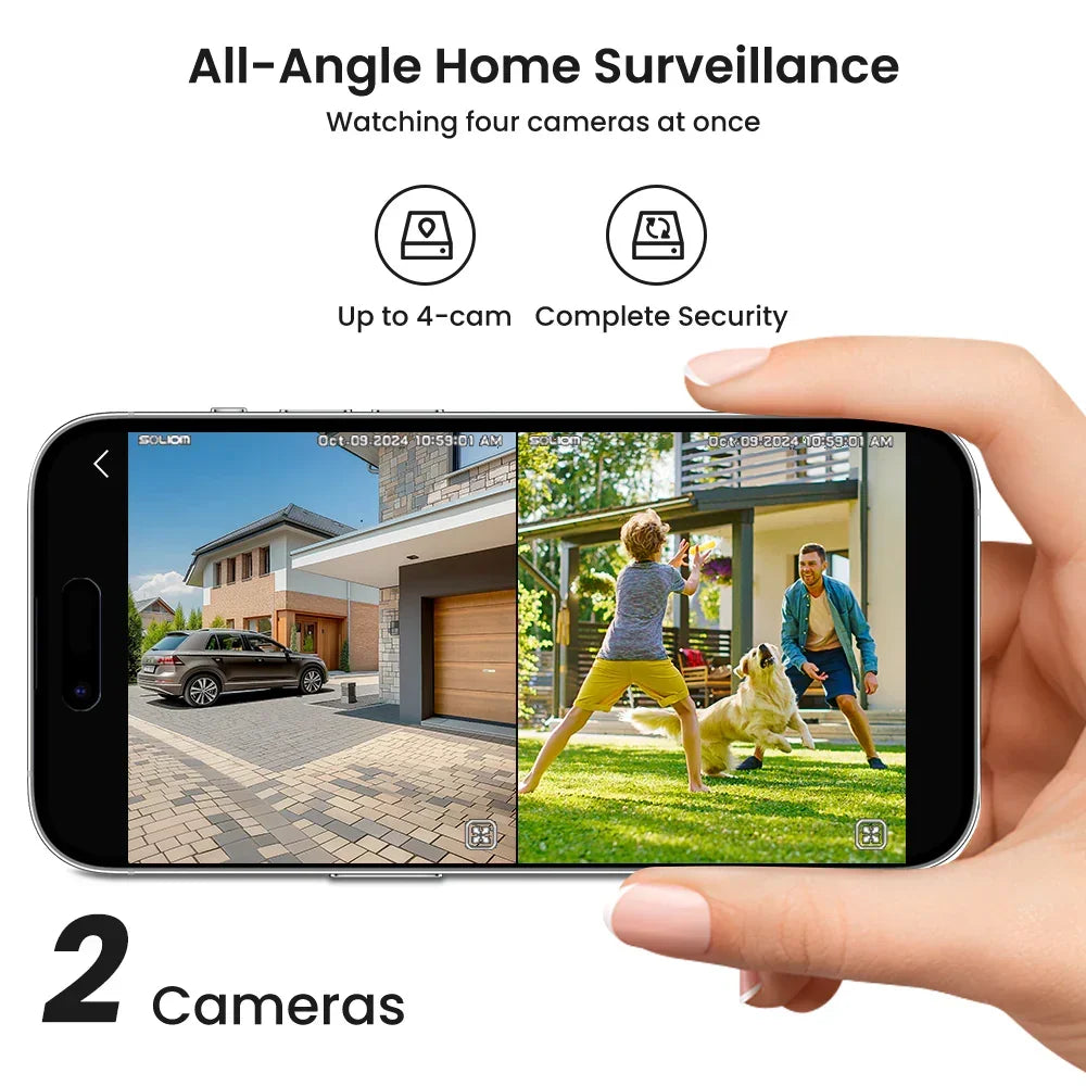 Soliom Wireless 5MP UHD Outdoor Solar Powered Security with Homebase, 3K Res, 360°PTZ, 2-Cam Pack, 4-Cam Pack, No Subscription - Soliom