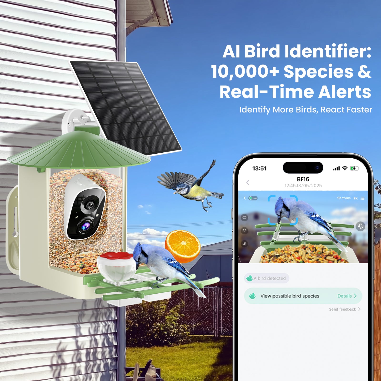 SOLIOM Smart Bird Feeder Camera with Solar Panel - 1.25L– 2K HD Live View, AI Bird Recognition, Real-Time Alerts, Customizable Feeding Options, Wireless Outdoor Gift for Bird Lovers