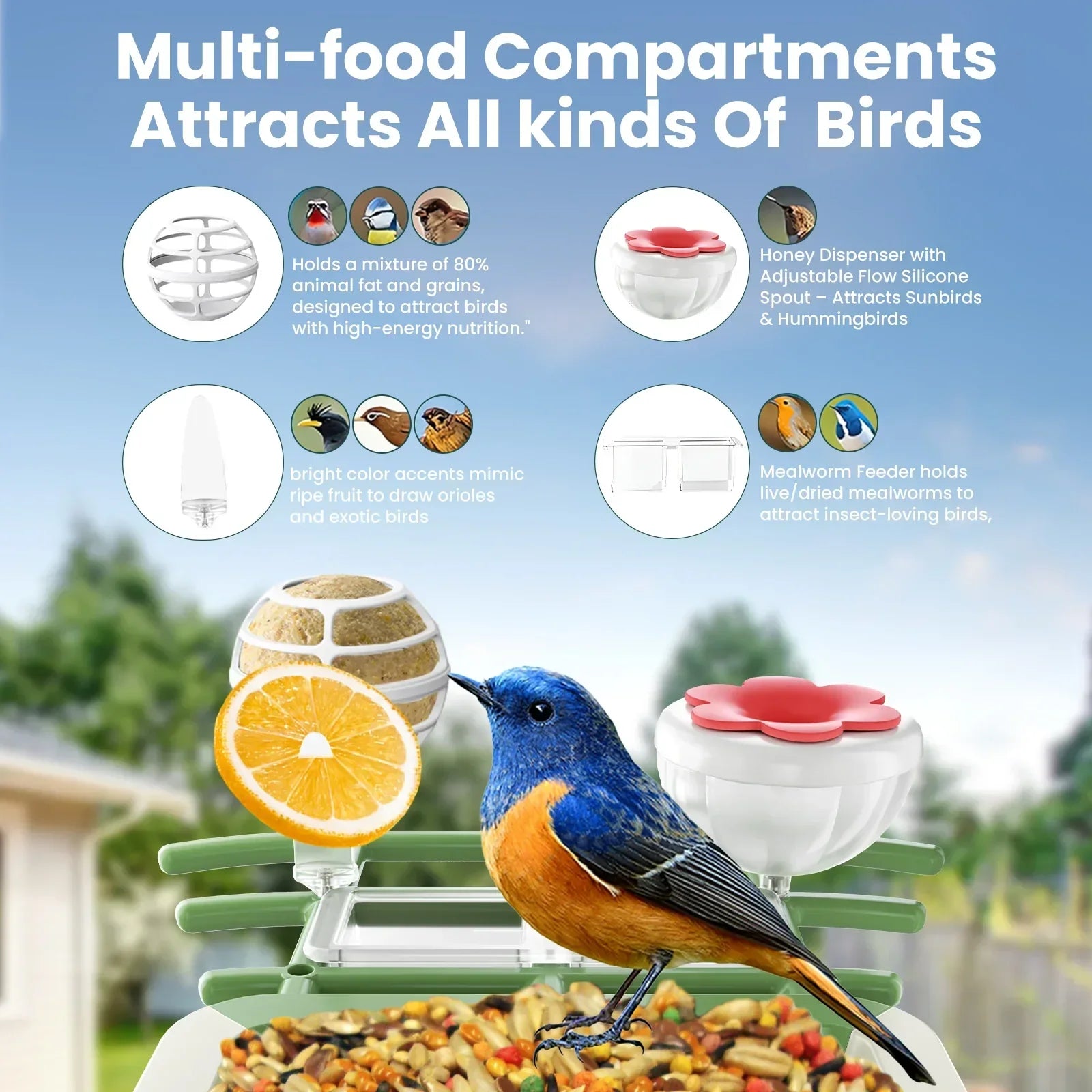 SOLIOM Smart Bird Feeder Camera with Solar Panel - 1.25L– 2K HD Live View, AI Bird Recognition, Real-Time Alerts, Customizable Feeding Options, Wireless Outdoor Gift for Bird Lovers - Soliom