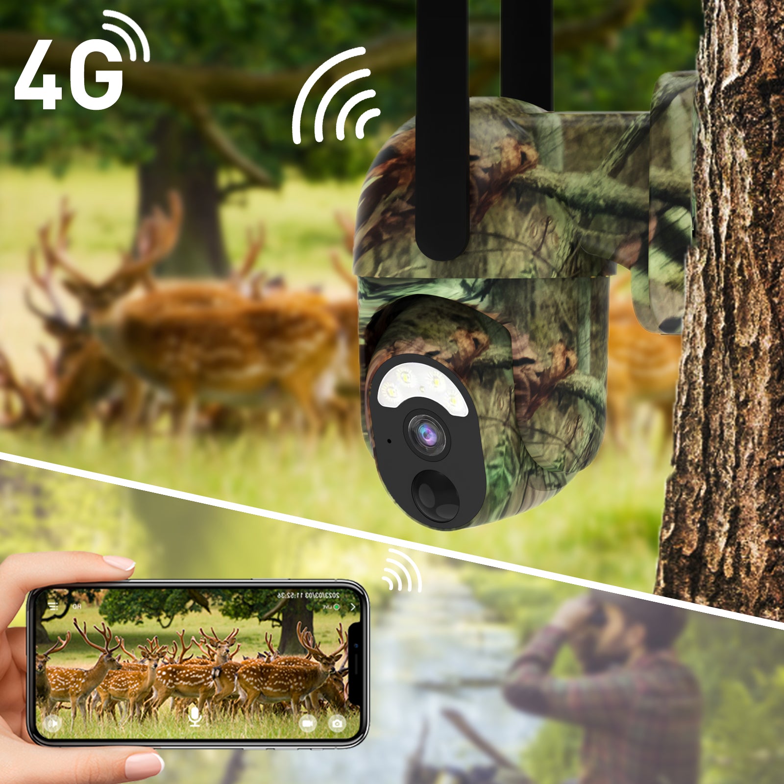 SOLIOM® S50 Solar 4G Cellular Reveal Game Trail Camera, 2K HD Night Vision Live Wildlife Hunting Cam, PT 360° Full View