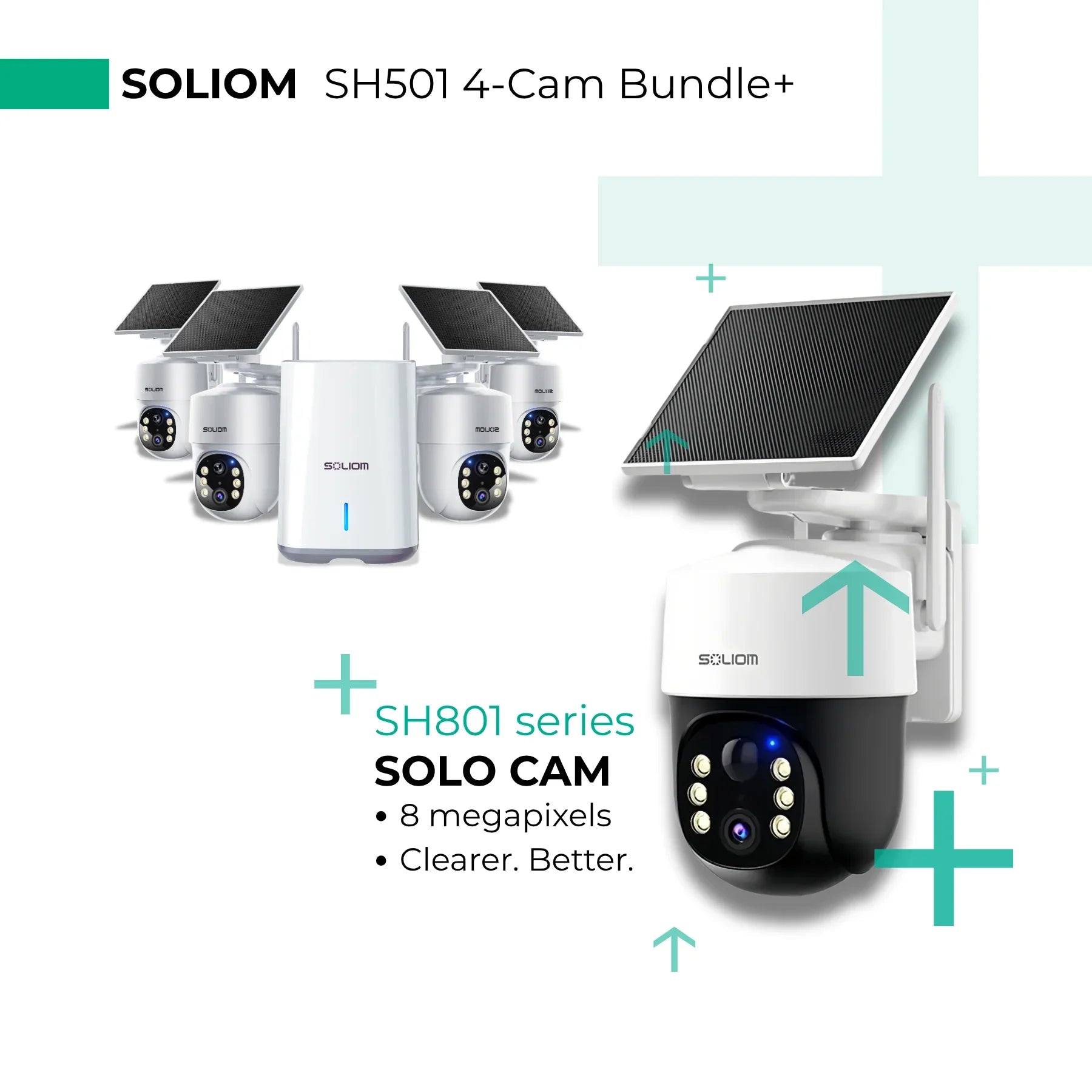 Four solar-powered wireless outdoor security cameras with hub and solar panels, SH501 4-cam bundle.