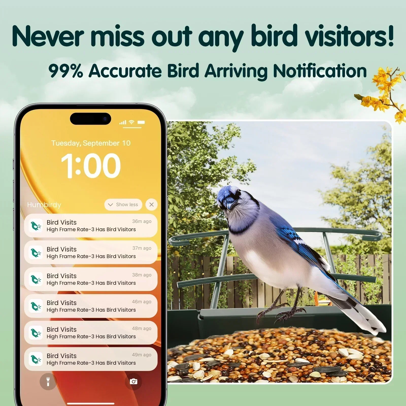 Humbirdy Smart Bird Feeder with Camera, 8MP Ultra HD Photo & 4K Live Video, AI Bird Identification, Slow Motion Playback,Dual-Band Wi-Fi, Solar Powered, No Subscription, Metal Bird Watching Gift