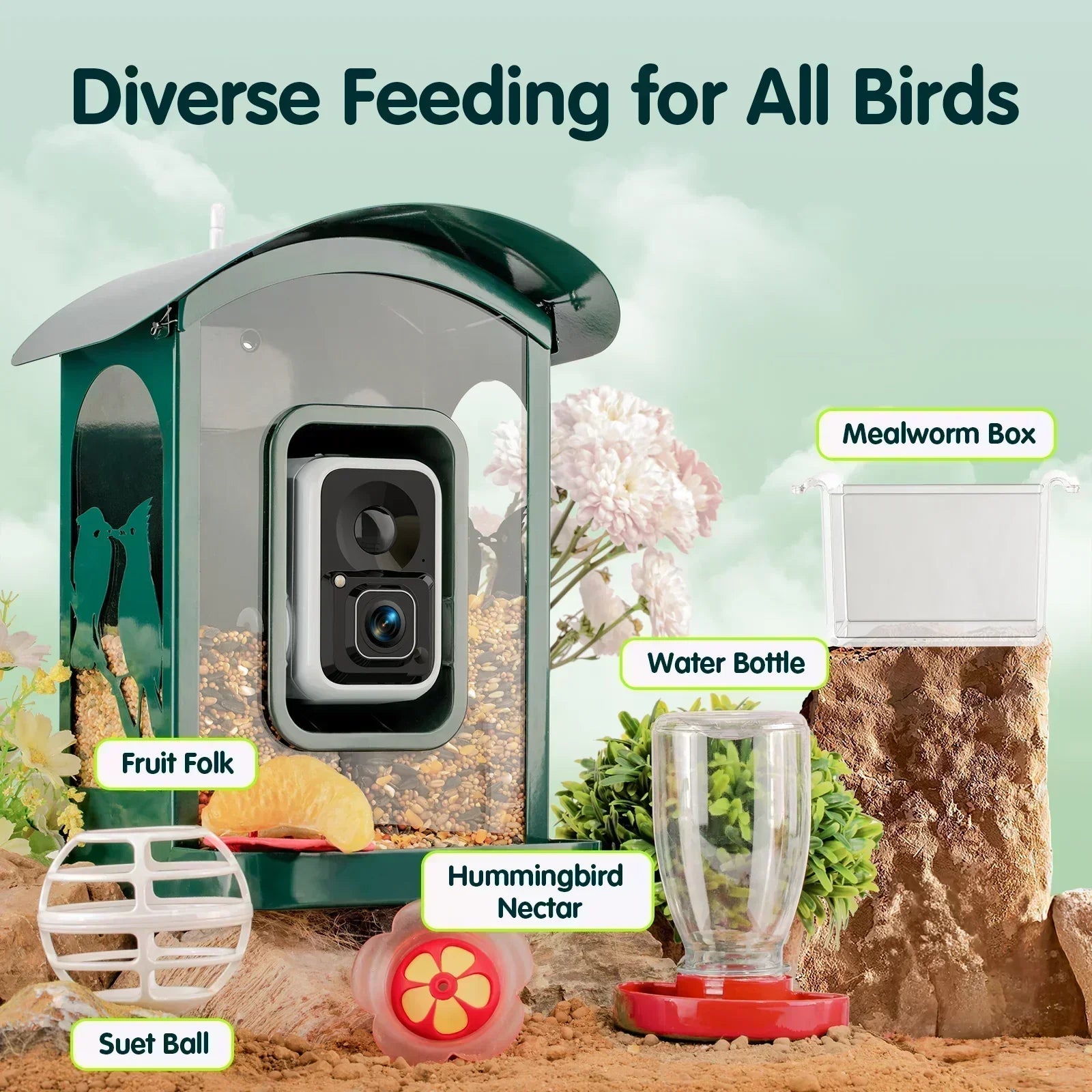 Humbirdy Smart Bird Feeder with Camera, 8MP Ultra HD Photo & 4K Live Video, AI Bird Identification, Slow Motion Playback,Dual-Band Wi-Fi, Solar Powered, No Subscription, Metal Bird Watching Gift