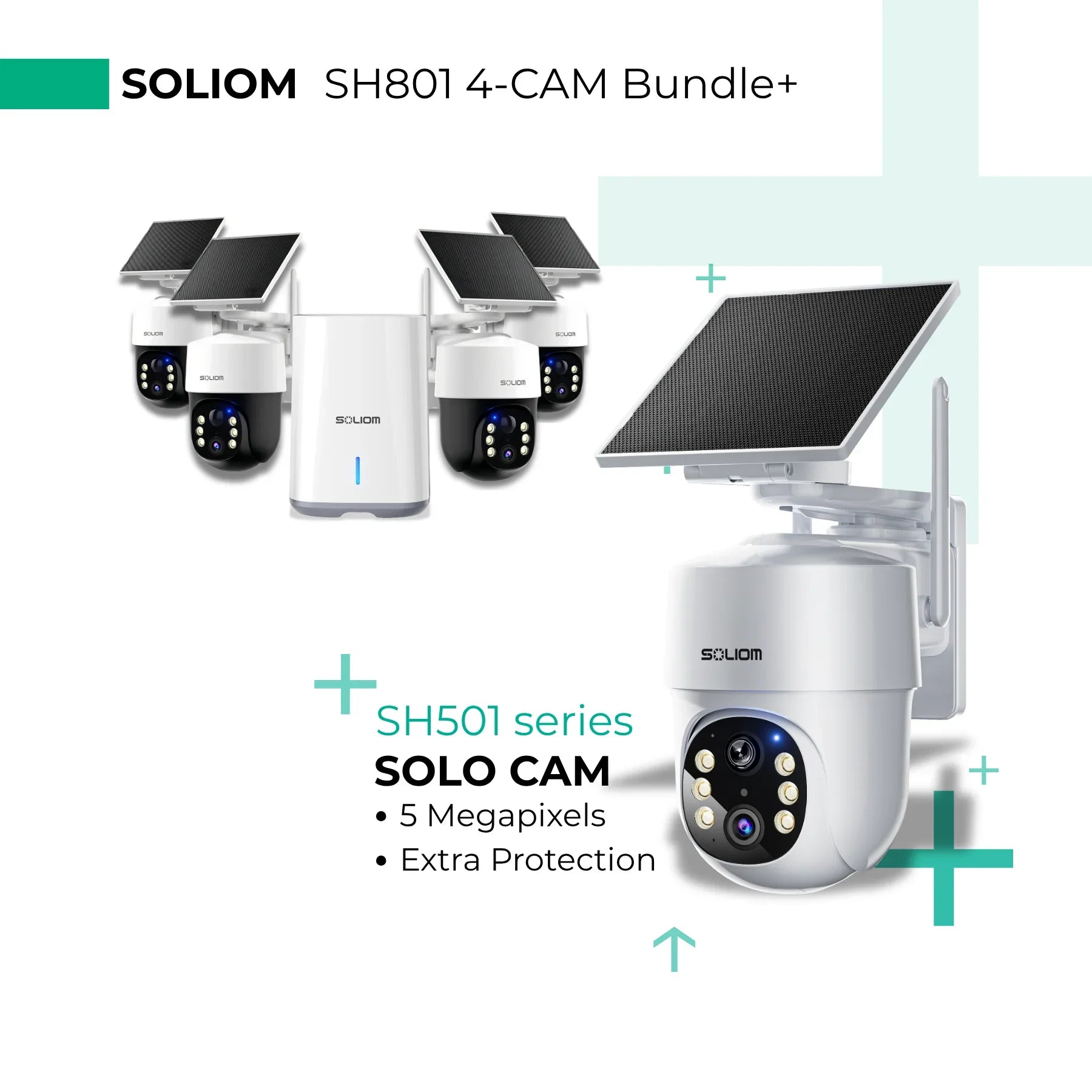Bundle of four solar powered wireless outdoor security cameras with base unit and close-up, featuring SH501 series SOLO CAM with 5 megapixels and extra protection.
