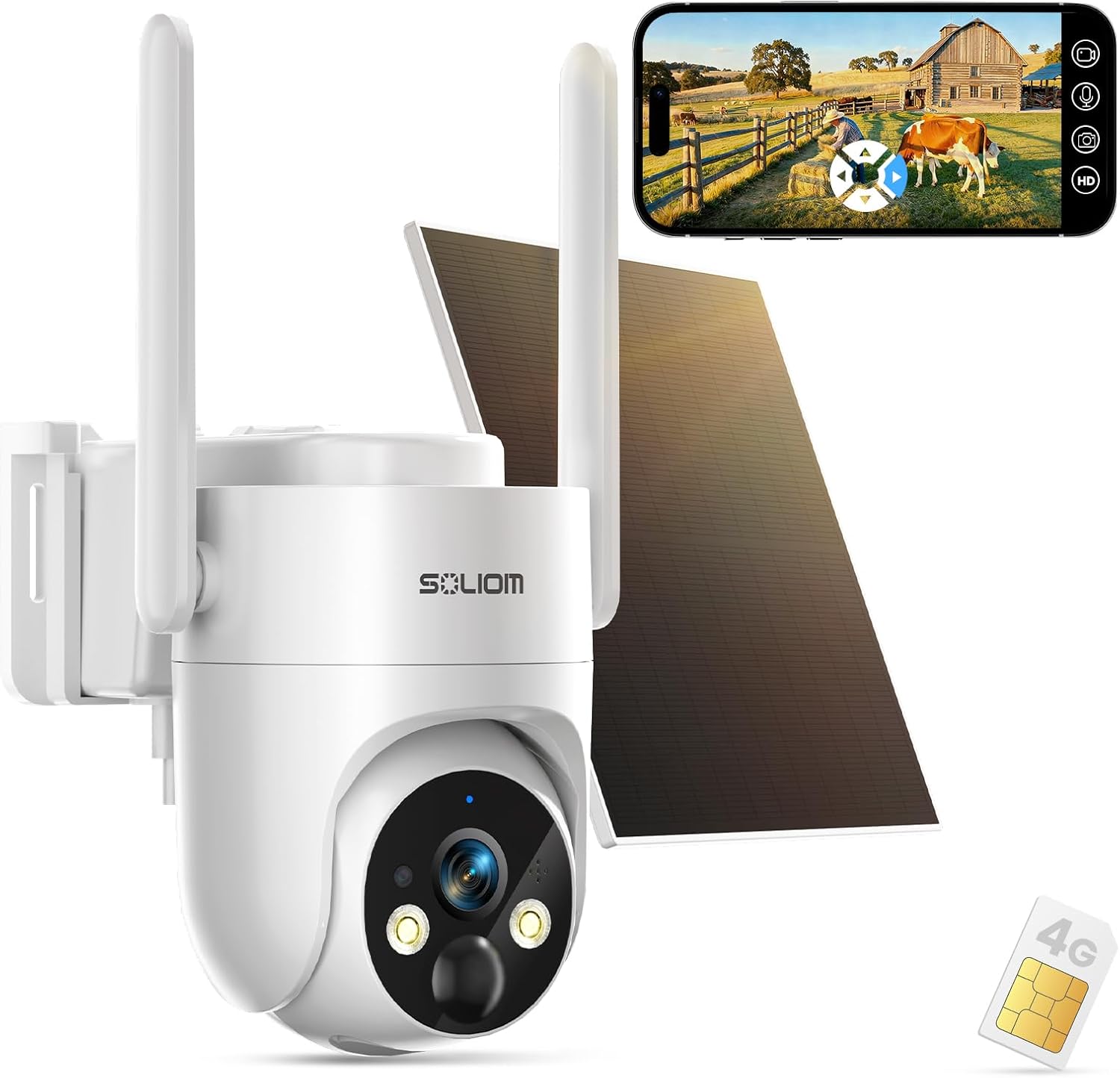 SOLIOM IP66 4G LTE Cellular Solar Powered Outdoor Camera, 2K Color Night Vision, 360° Pan & Tilt, PIR Motion Detection