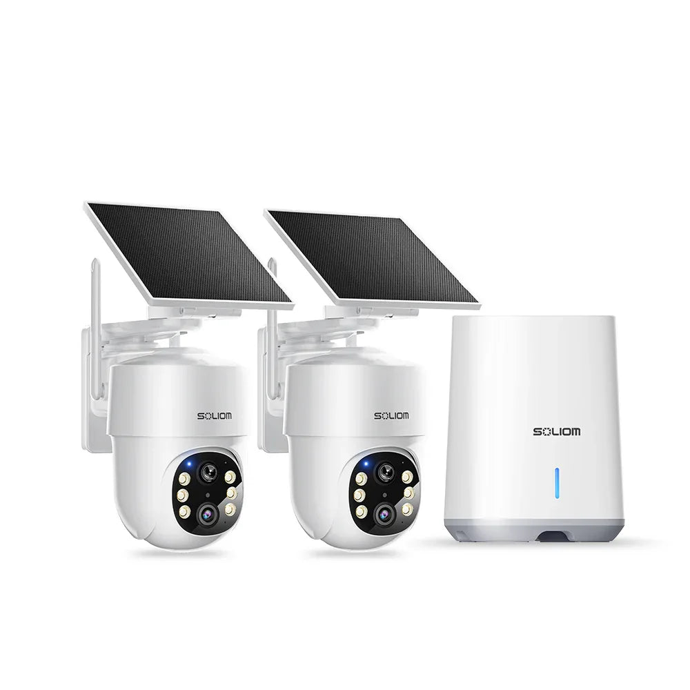 Soliom Wireless 5MP UHD Outdoor Solar Powered Security with Homebase, 3K Res, 360°PTZ, 2-Cam Pack, 4-Cam Pack, No Subscription - Soliom