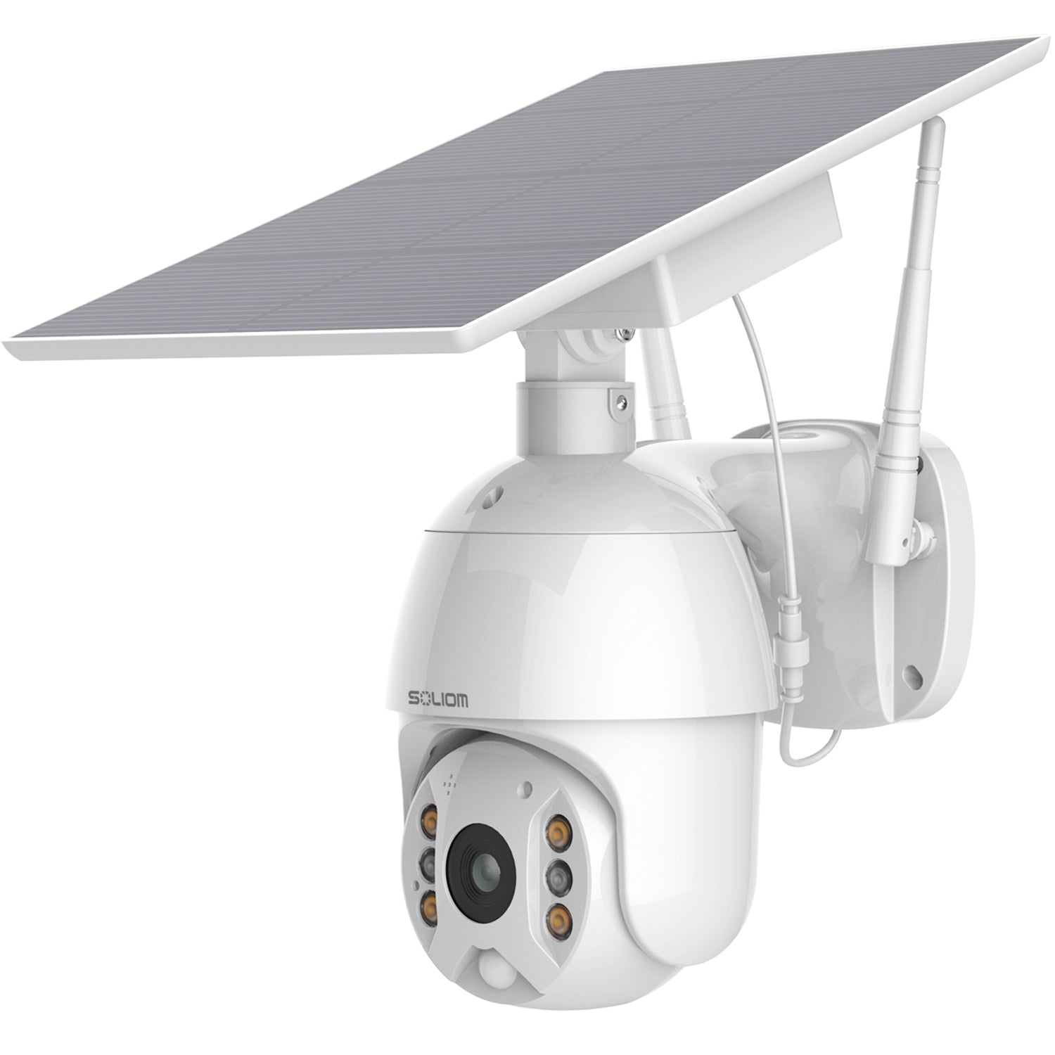 White solar-powered security camera with dual antennas and motion sensors mounted on wall