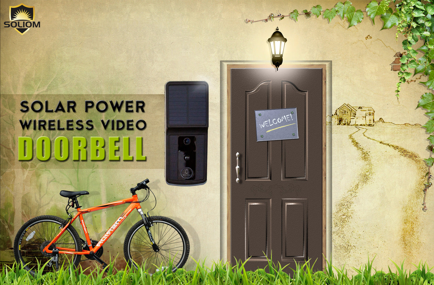 Solar powered wireless video doorbell mounted on wall beside brown door with welcome sign and orange bike
