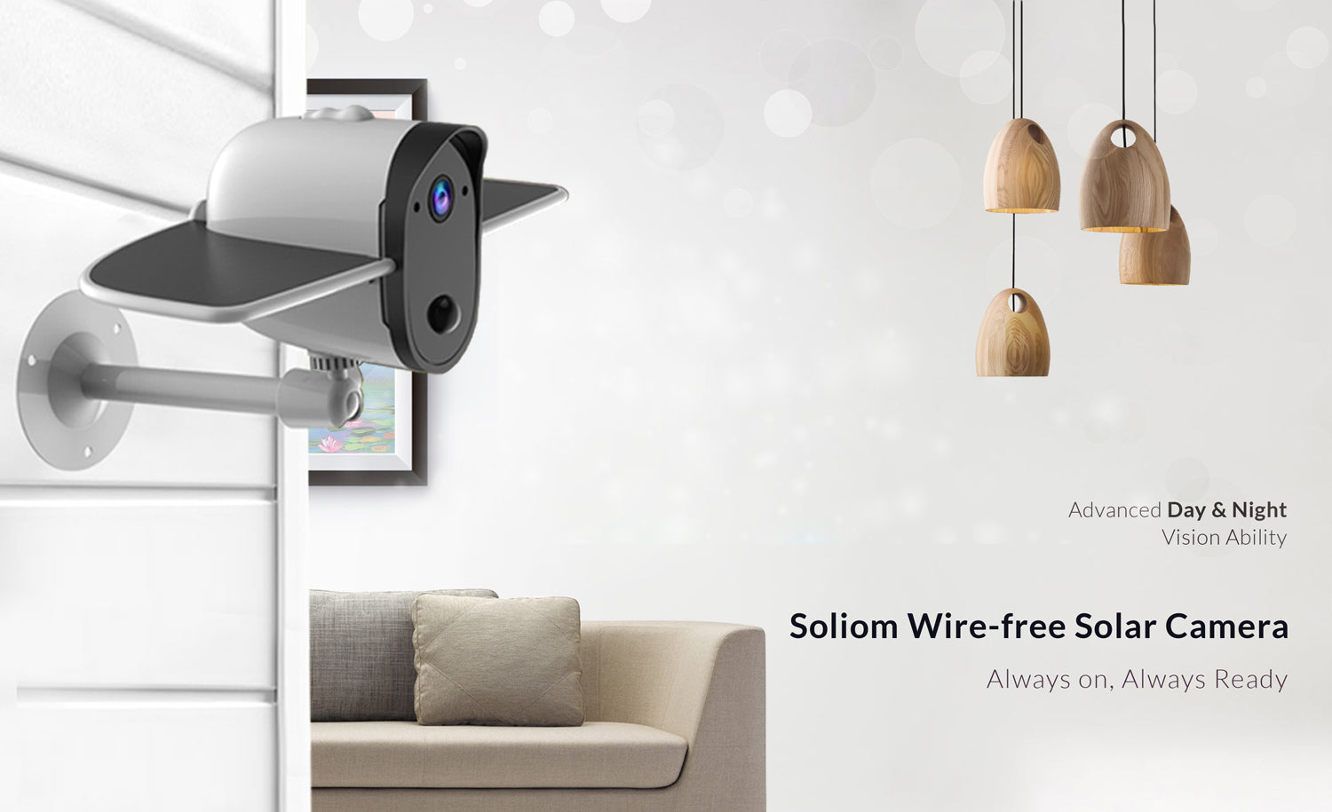 Solio wire-free solar security camera mounted outside modern home with cozy sofa and pendant lights