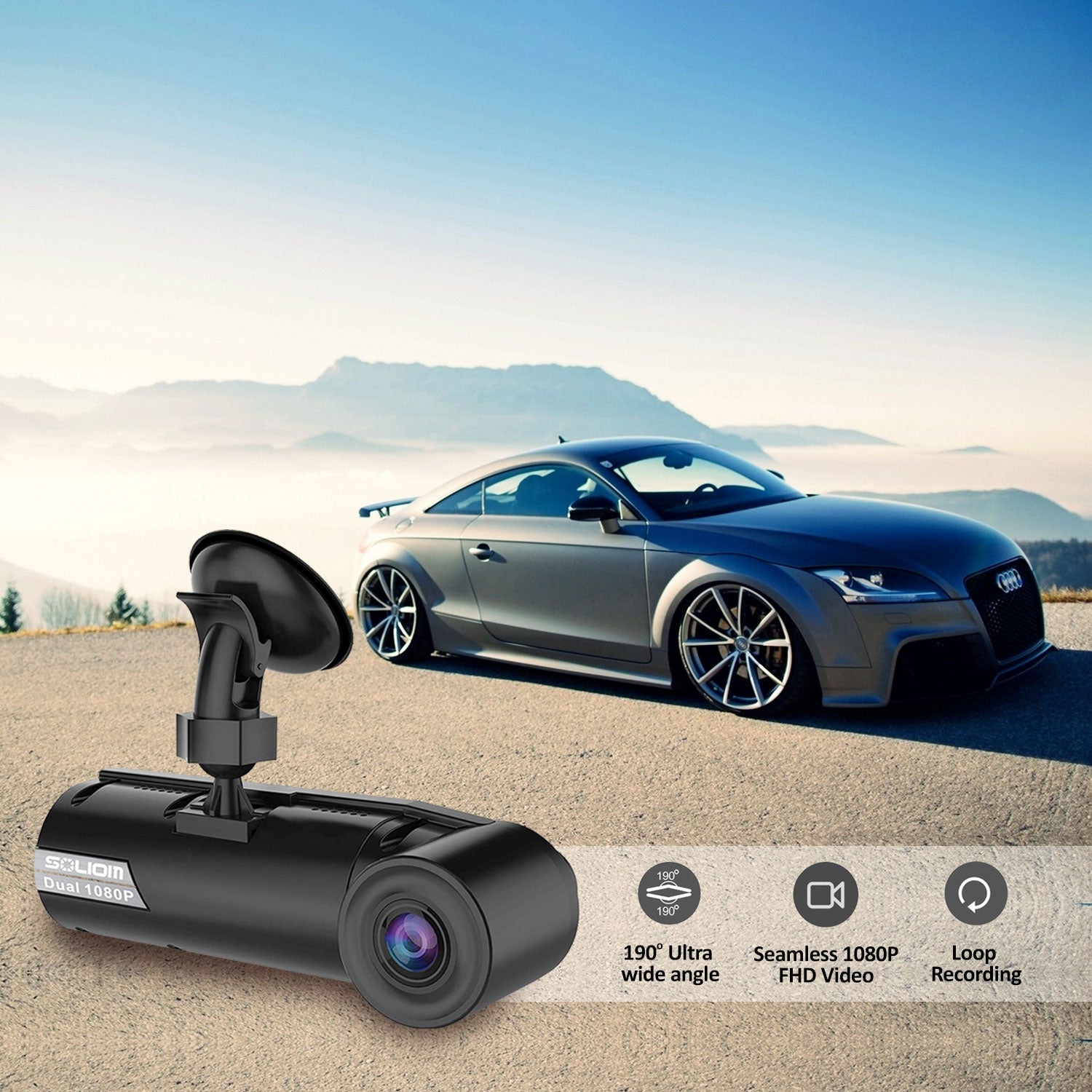 Black Soliom Dual 1080P dash cam with 190° wide angle and loop recording beside a gray Audi sports car on mountain road