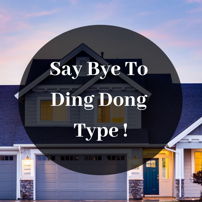 Modern suburban house with lit windows and garage at dusk, text overlay saying Say Bye To Ding Dong Type