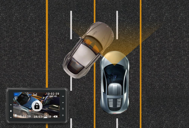 Top view of car collision on road with dash cam recording displaying crash footage in 1080P HD