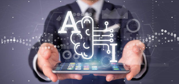 Businessman holding smartphone with AI artificial intelligence icon and digital brain circuit hologram