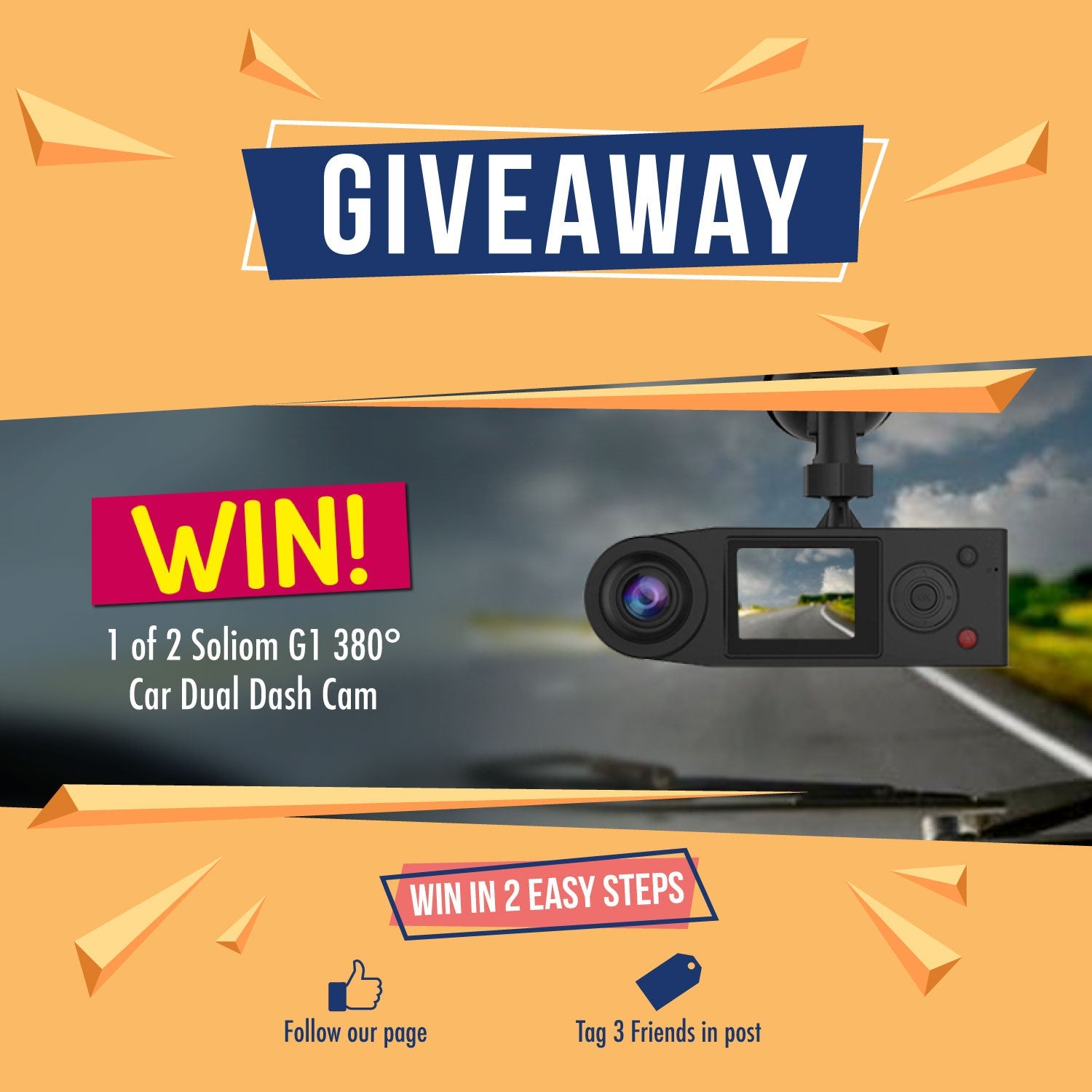 Giveaway banner for Soliom G1 380° dual car dash cam with contest entry steps