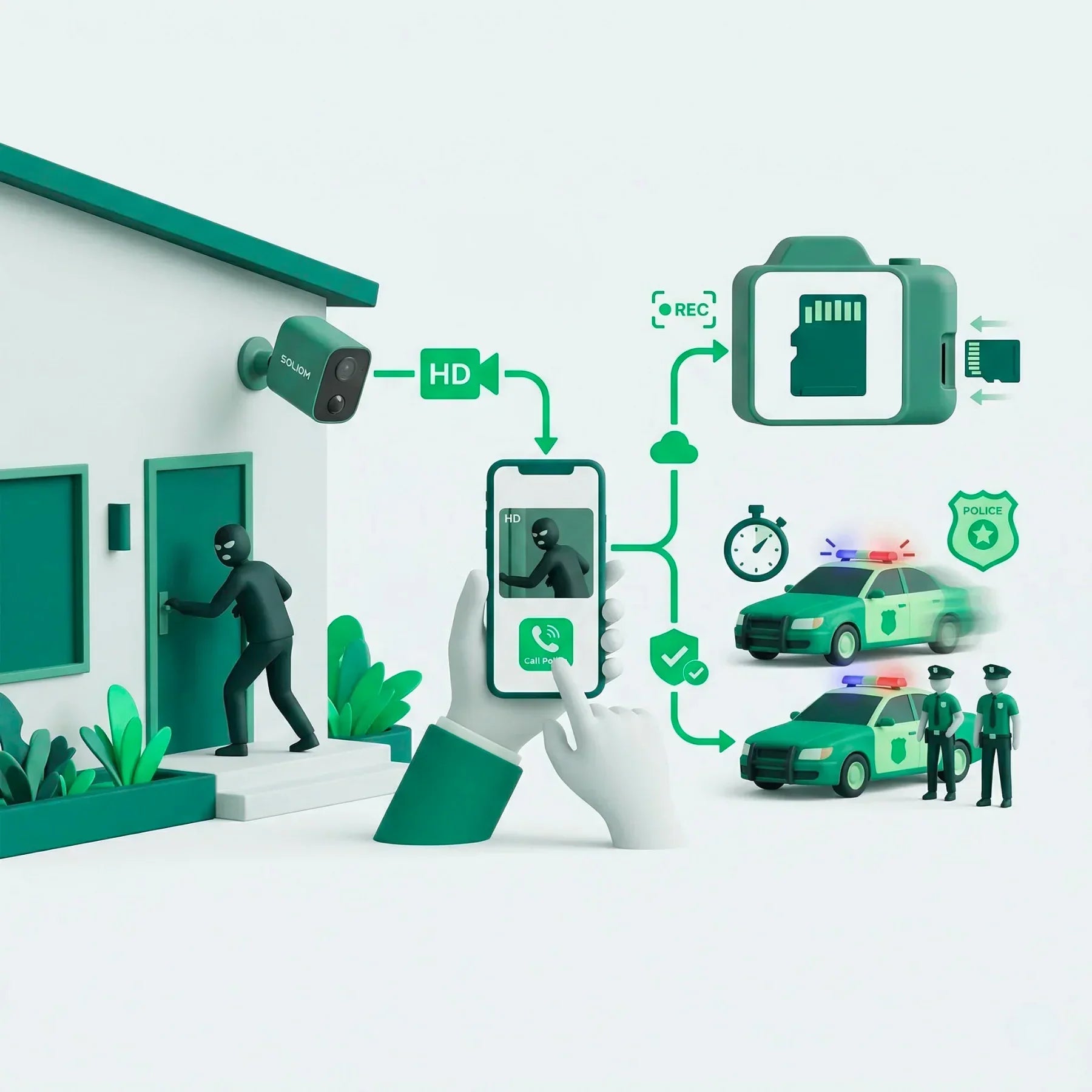 Outdoor wireless security camera records attempted break-in, sends HD alert to smartphone, triggers quick police response.