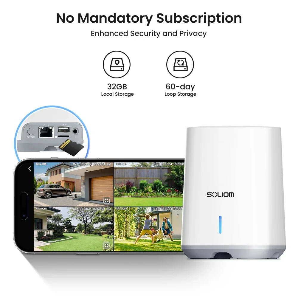 Soliom Wireless 5MP UHD Outdoor Solar Powered Security with Homebase, 3K Res, 360°PTZ, 2-Cam Pack, 4-Cam Pack, No Subscription - Soliom