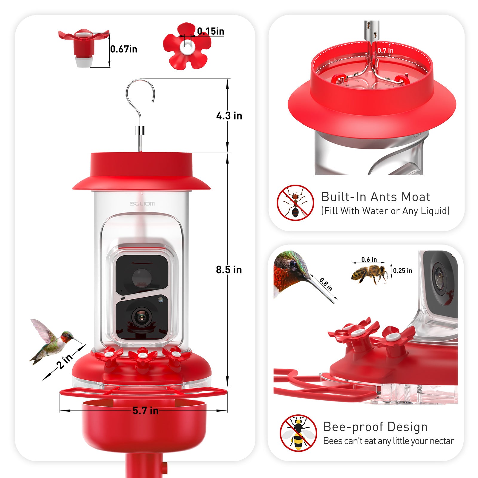 Soliom BF10 Smart Hummingbird Feeder with Ant Moat,AI Identify Bird Species(16 Ounces)