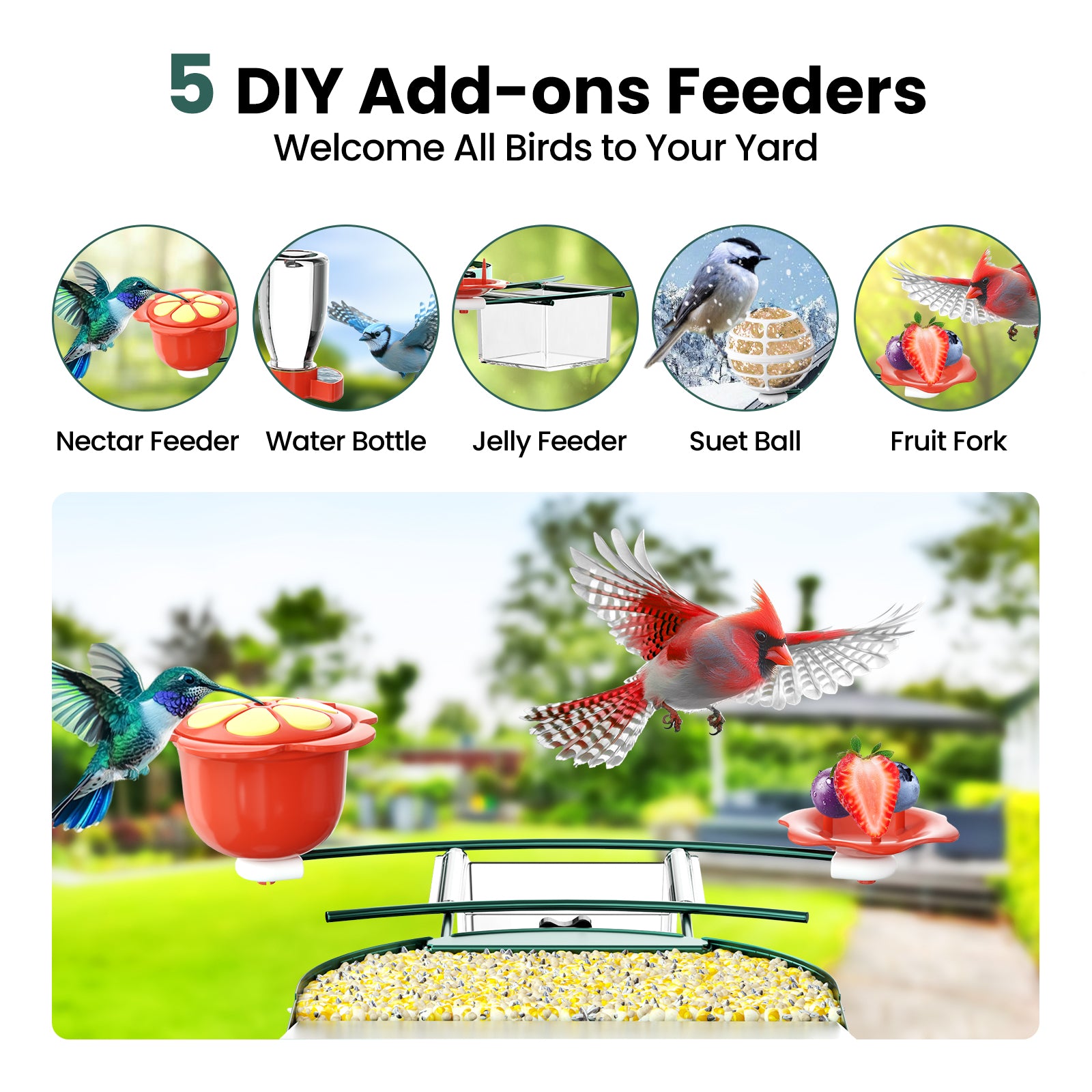 SOLIOM® BF08s AI Smart Bird Feeder Camera, DIY Feeder Add-ons