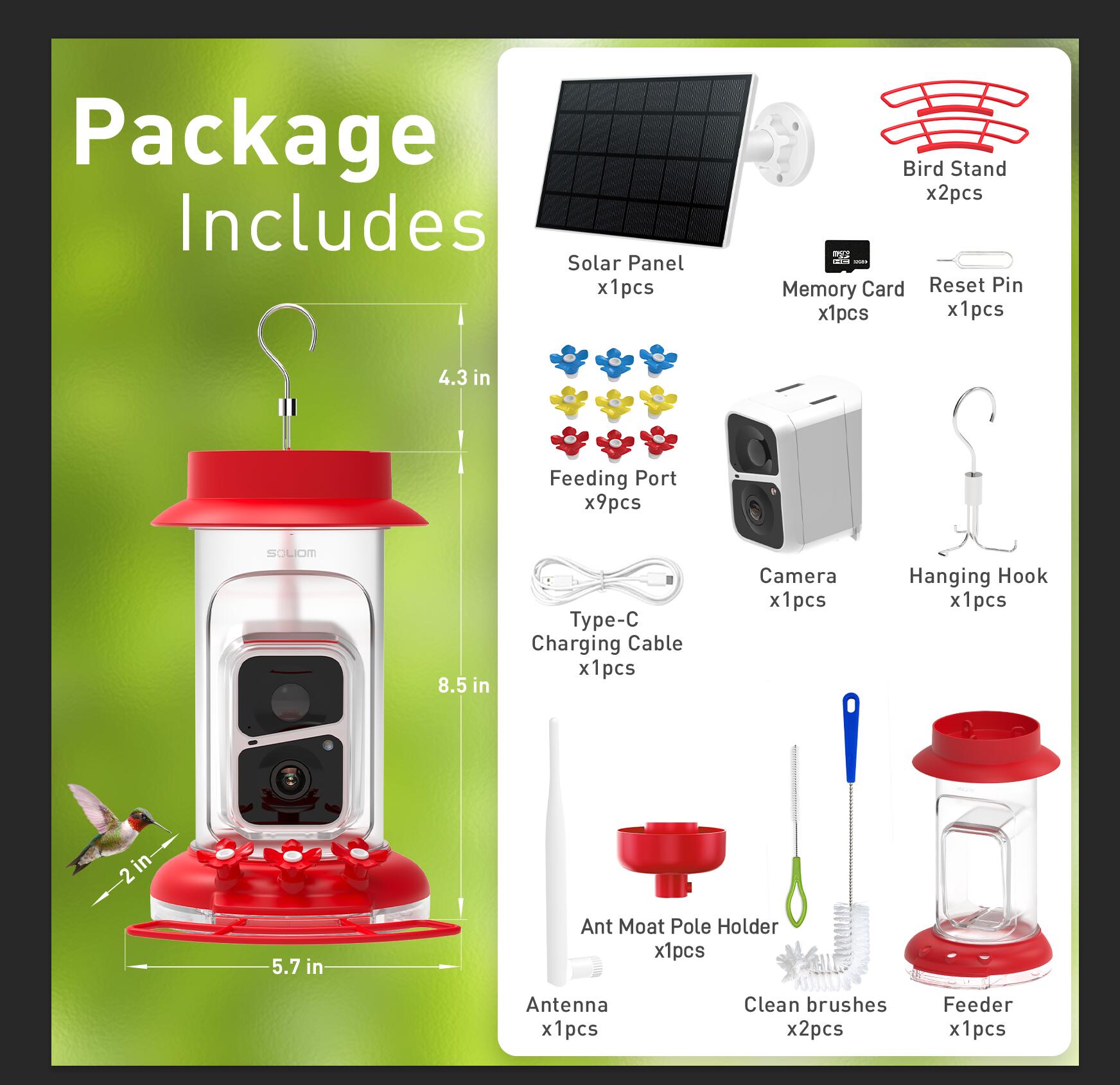 Soliom BF10 Smart Hummingbird Feeder with Ant Moat,AI Identify Bird Species(16 Ounces)